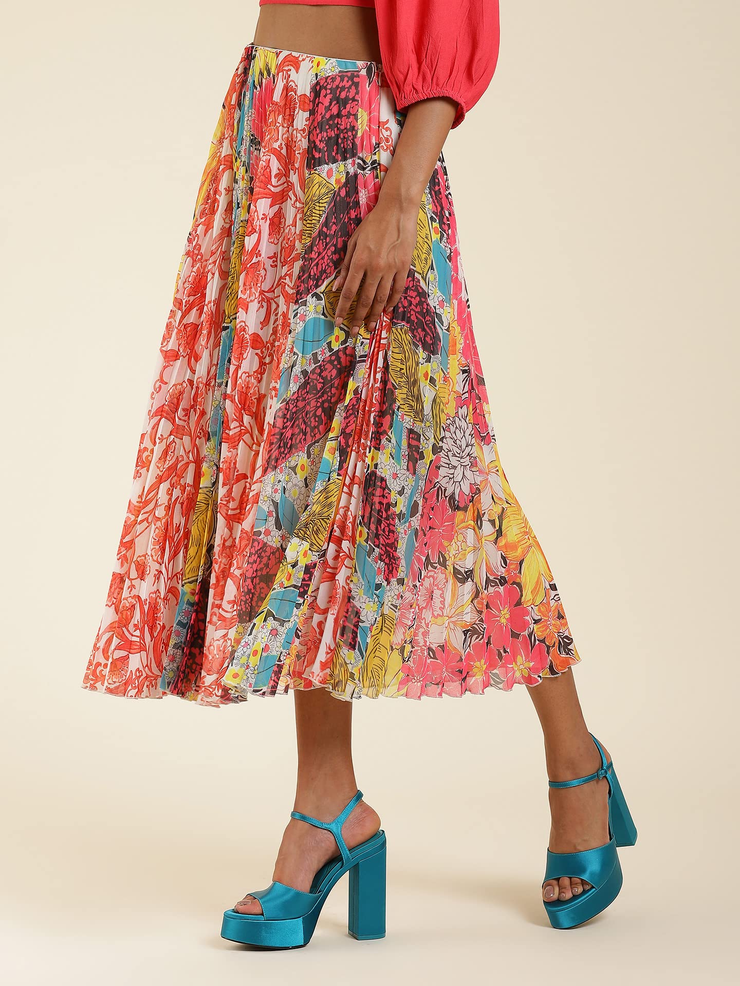 Label RITU KUMAR Multi Color Floral Print Pleated Skirt