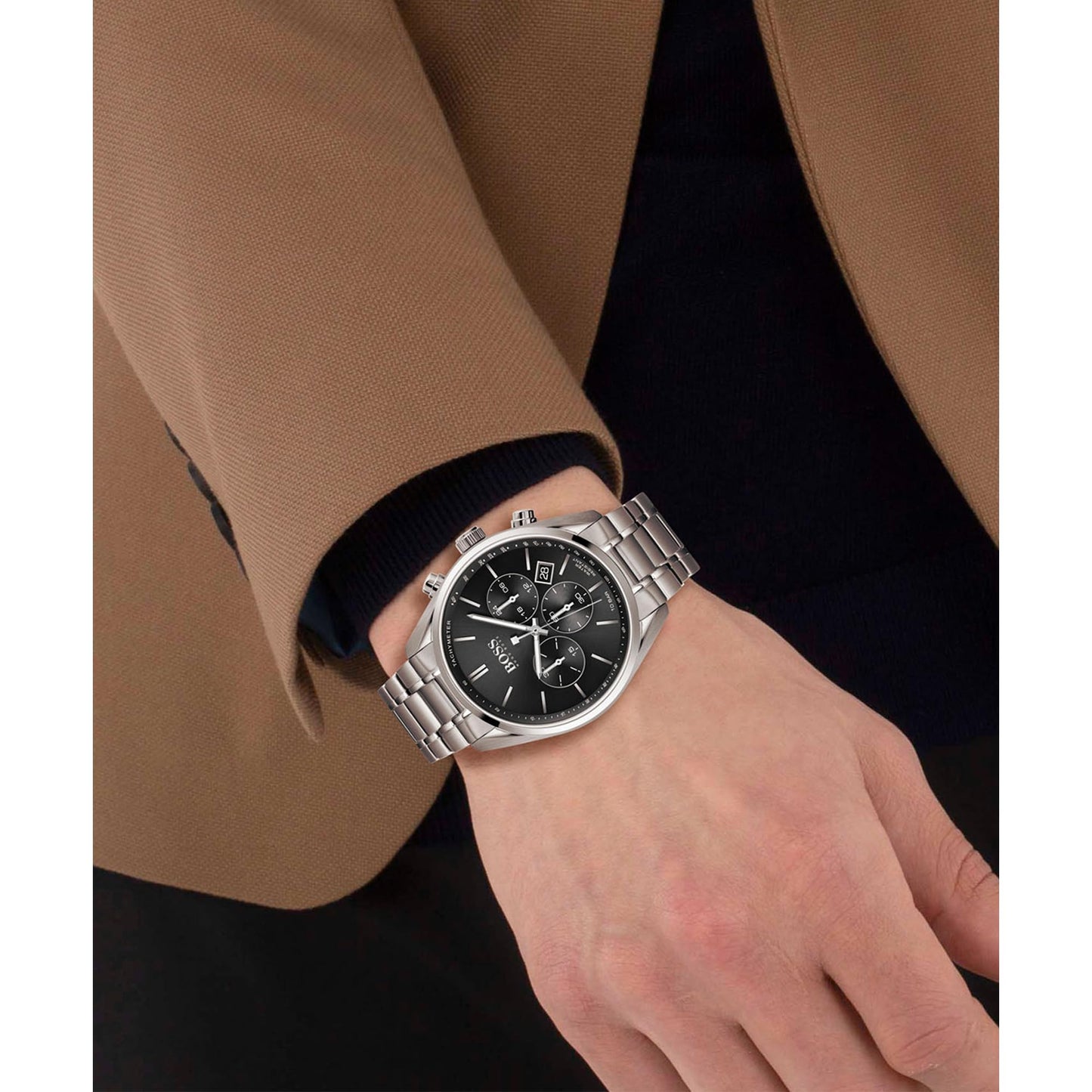 BOSS Champion Qtz Fashion Chrono Black Round Dial Men's Analog Watch|Stainless Steel Material|Silver Color Band - 1513871