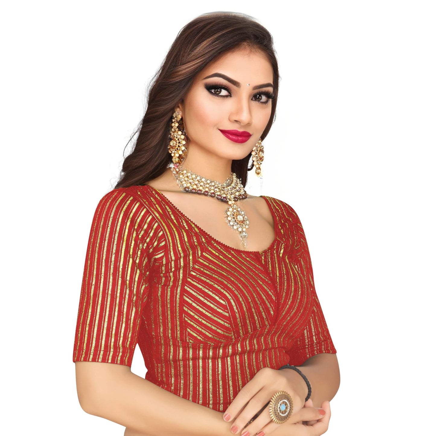PU Fashion Stylish Golden Foil Stripe Designer Strechable Choli Katori Design Readymade Blouse for Women Comfort Round Neck Half Sleeves Red Size 40"