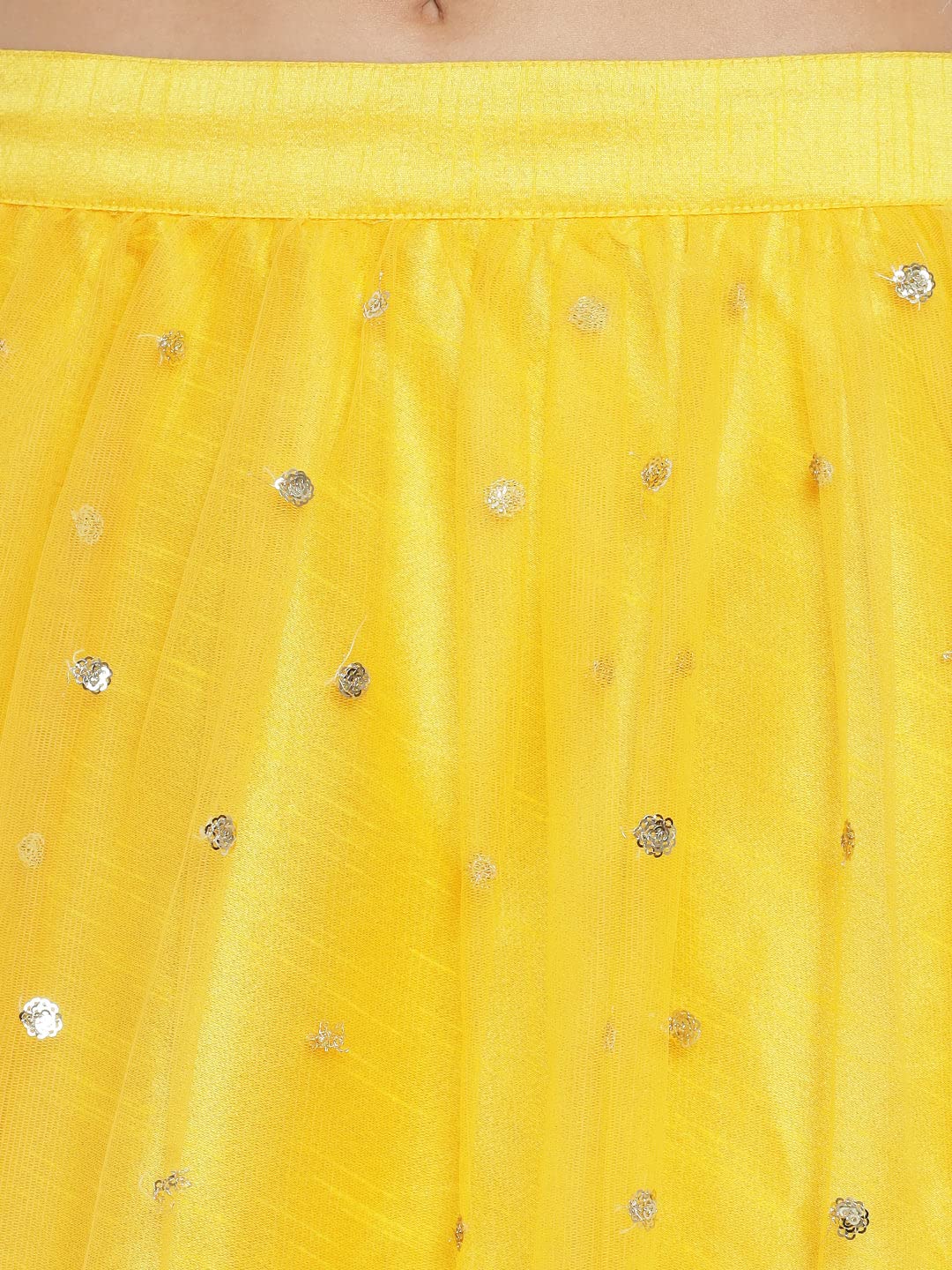 studio rasa Women's Net Sequins Embroidered Gathered Lehenga Set for Wedding Festive Party (LHSC12201L_Yellow_Large)