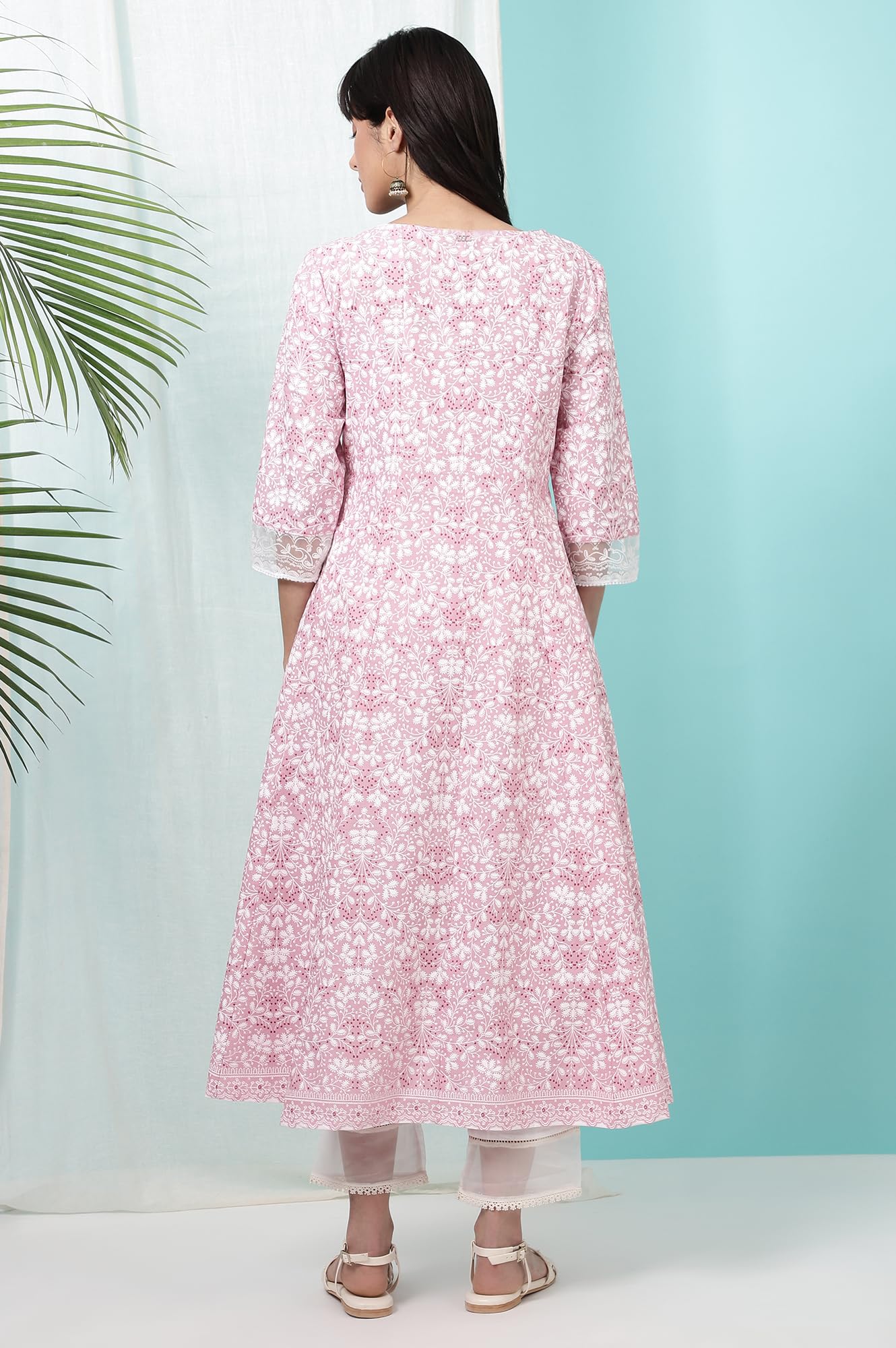 W for Woman Women Pure Cotton Regular Fit Pink Floral Printed Anarkali Kurta (Size: M)-W10817-126110