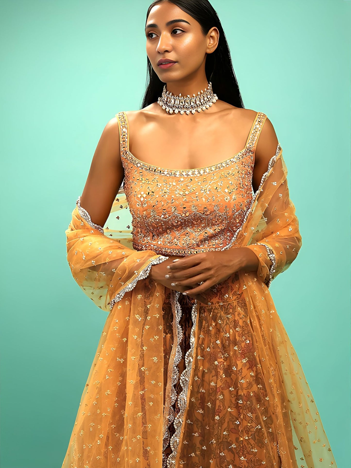 Zeel Clothing Women's Chinnon Silk Embroidered Semi-Stitched Lehenga Choli with Dupatta (106-Yellow-Wedding-Bridal-Latest-Lehenga; Free Size)