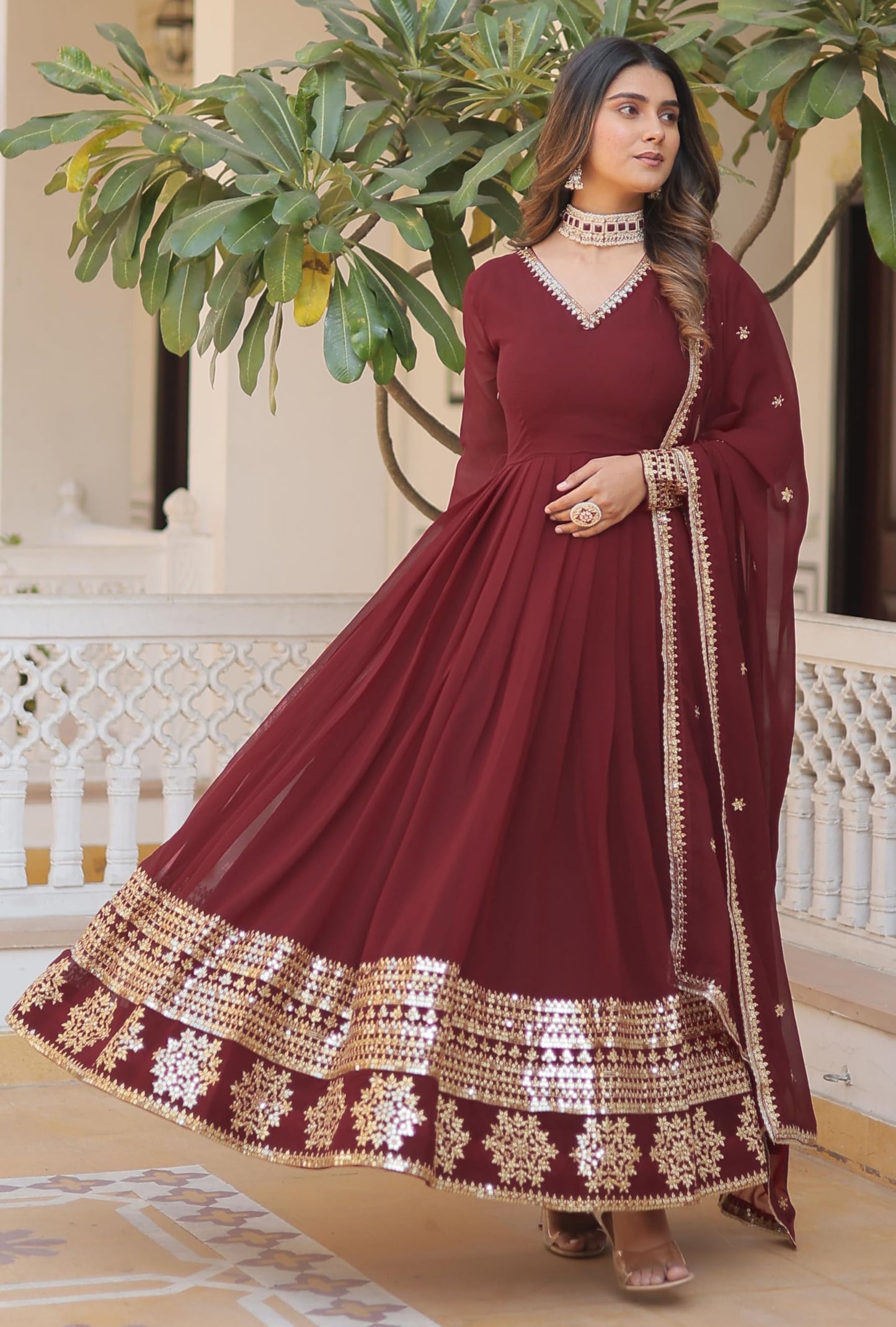 Fashion Basket Havy Georgette Embroidered Anarkali Dress for Women Maroon
