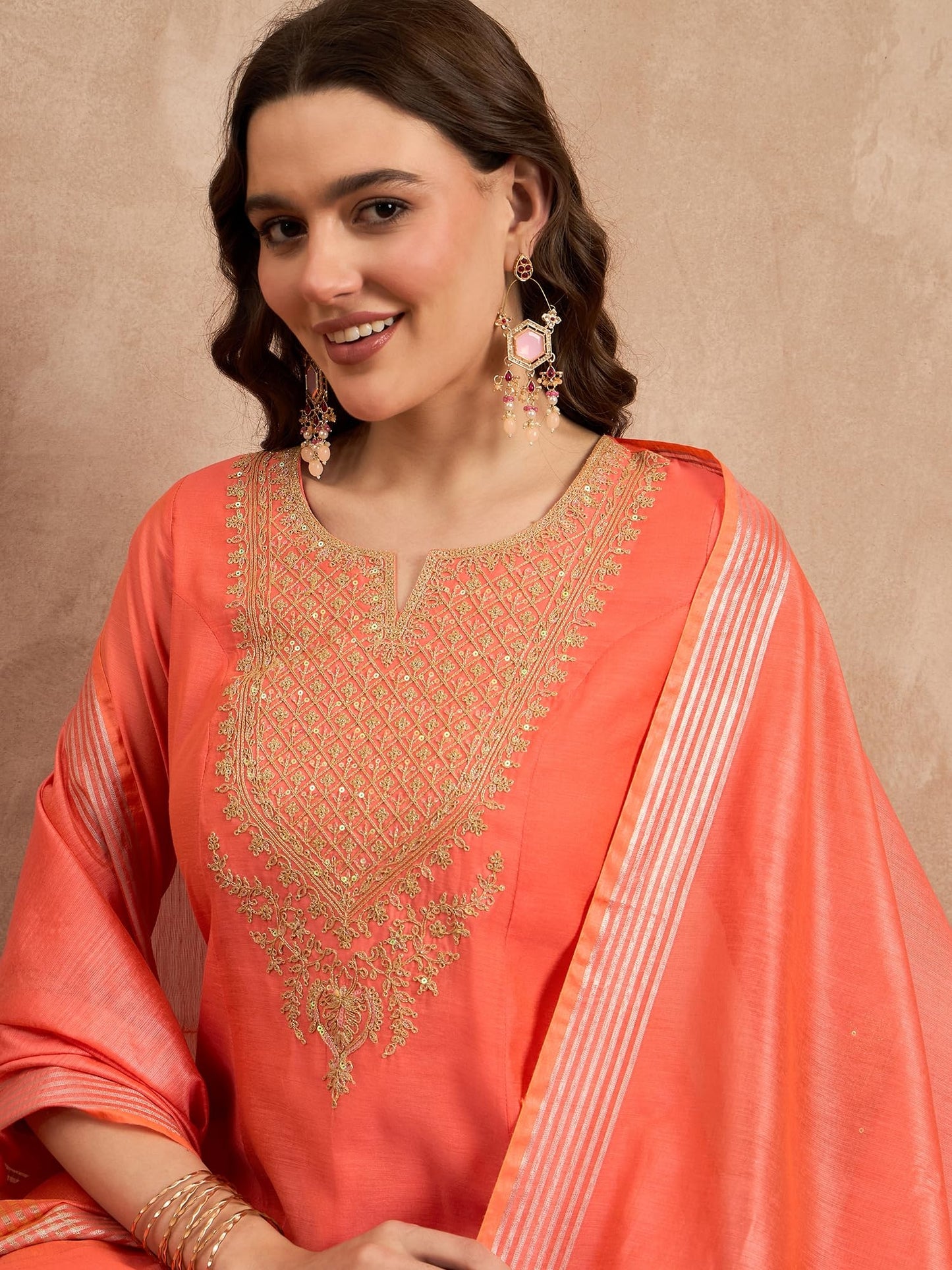 Rangavali Rust Embroidered Festive Anarkali Suit Set | Silk Chanderi Readymade Outfit Kurti, Pant & Dupatta for Women | Kurti Set for Ladies | 3 Pcs, L, 36