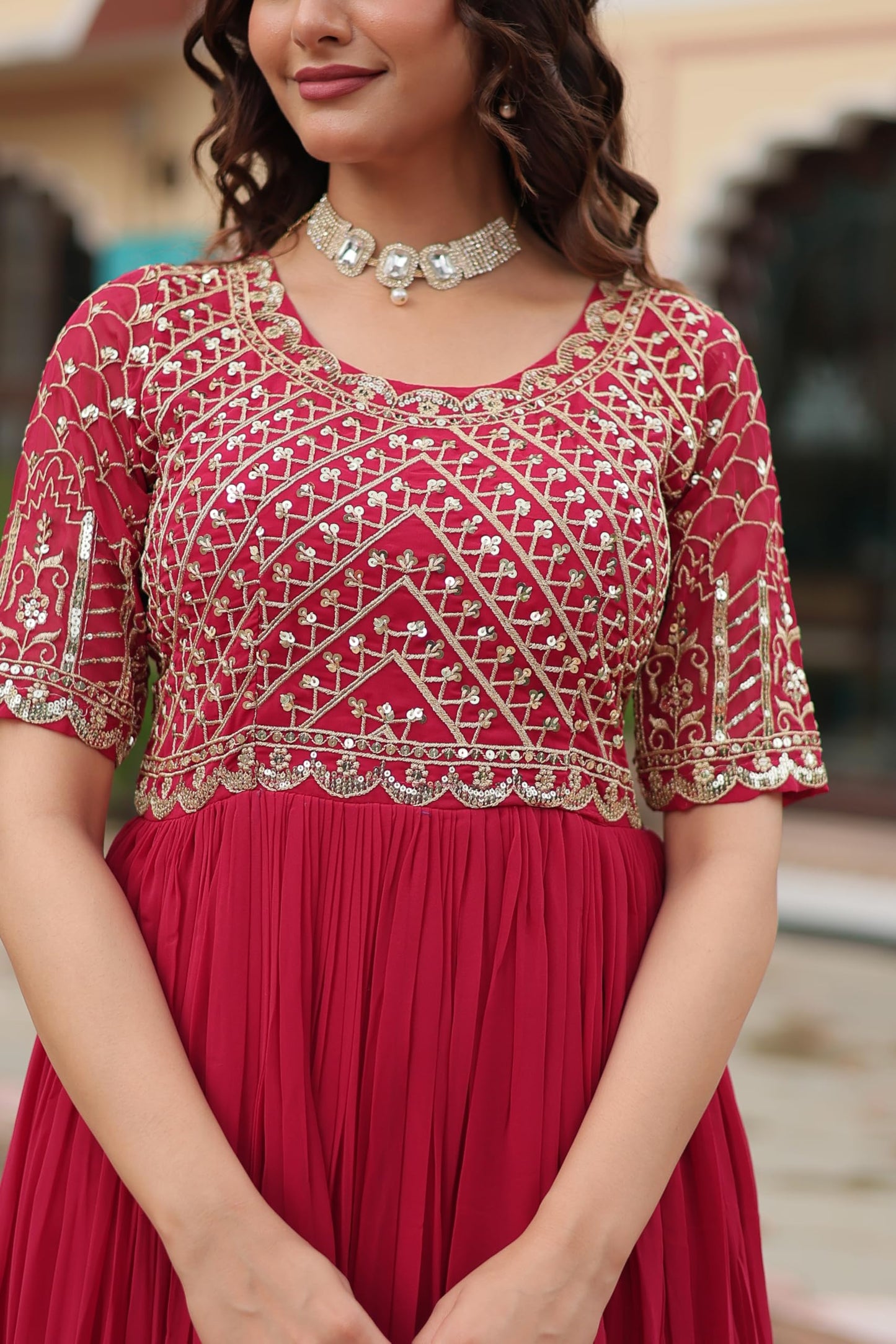Fashion Basket Georgette Embroidered Anarkali Gown for Women Pink
