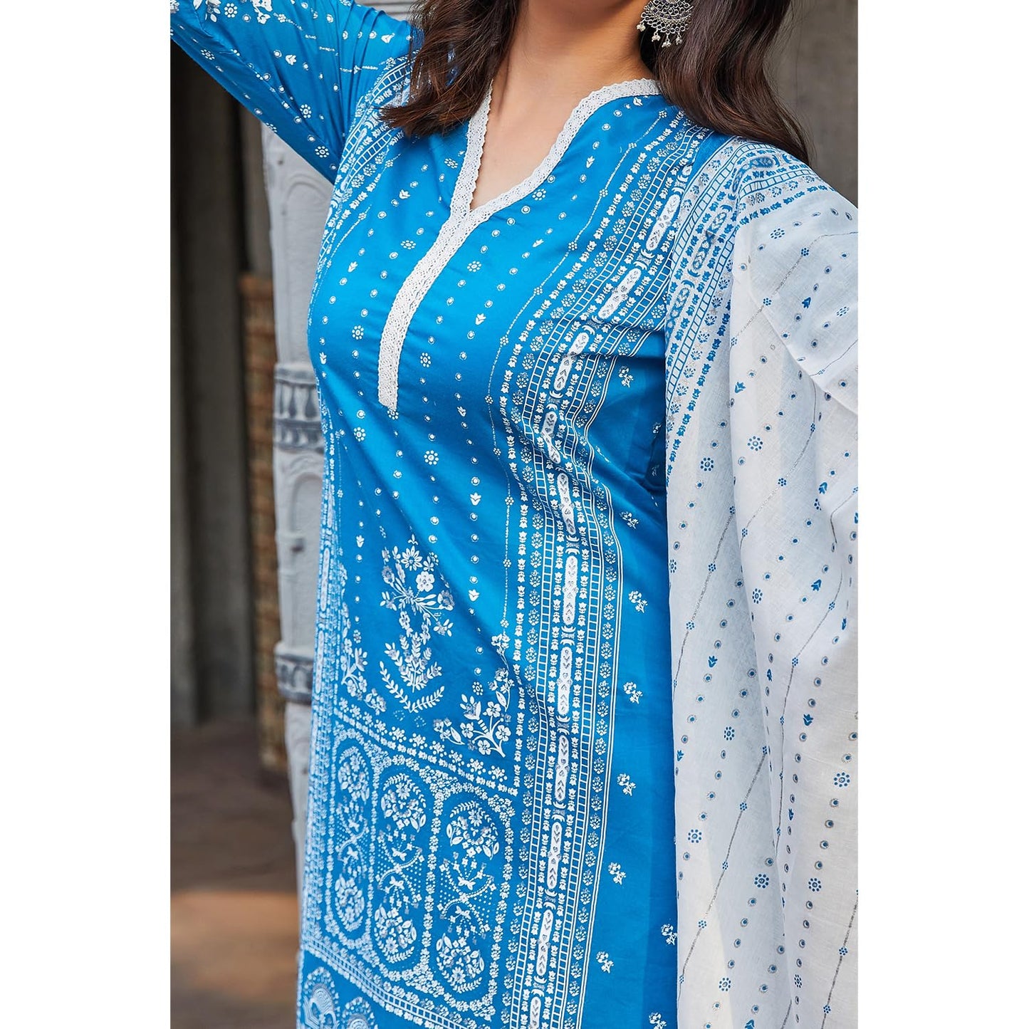 BIBA Women Cotton Straight Printed Suit Set (SKDSHWETSAGA9572SS24BLU_Blue