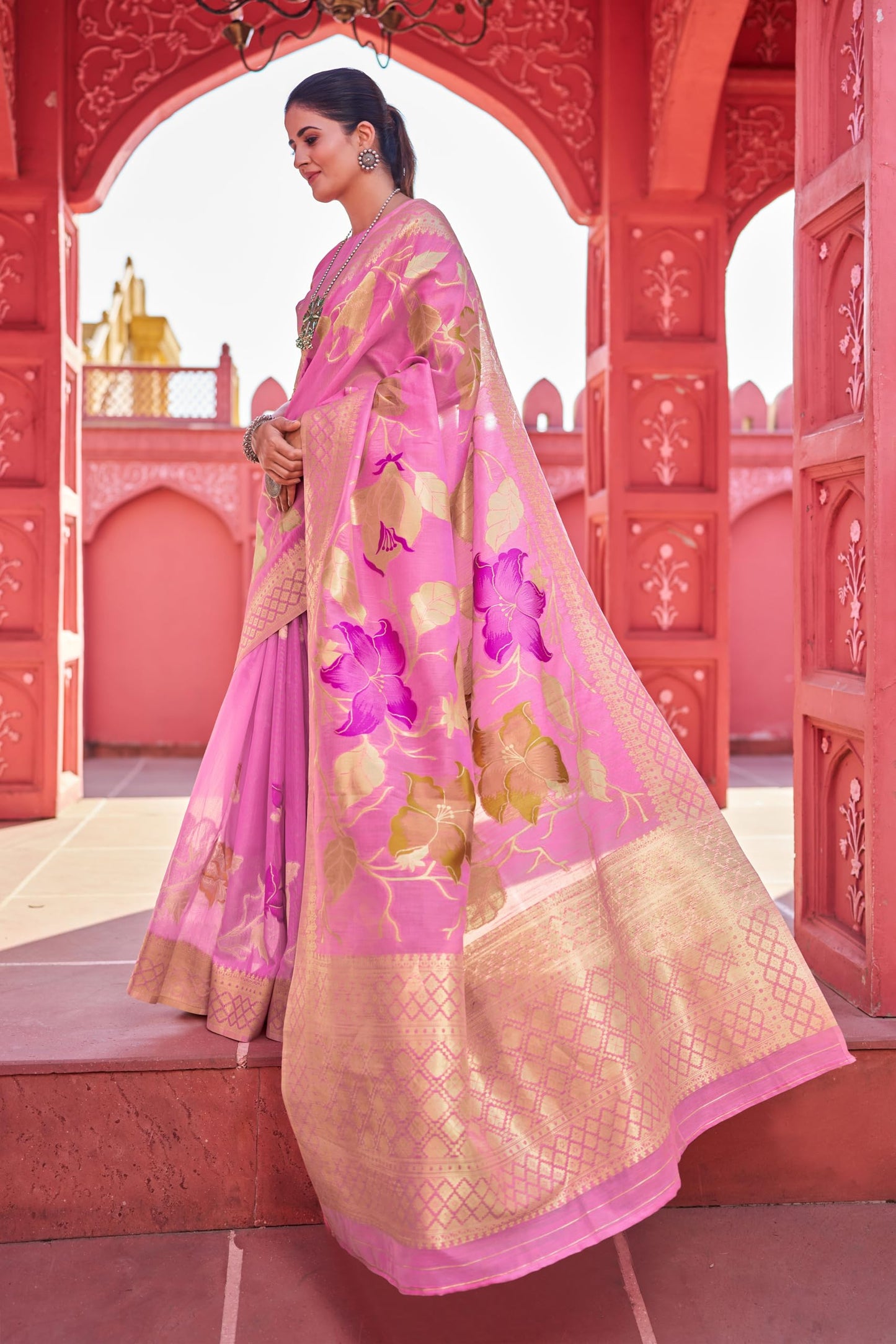 SWORNOF Womens Kanjivaram Banarasi Silk Saree Patola saree with Unstitched blouse piece (BABY PINK)