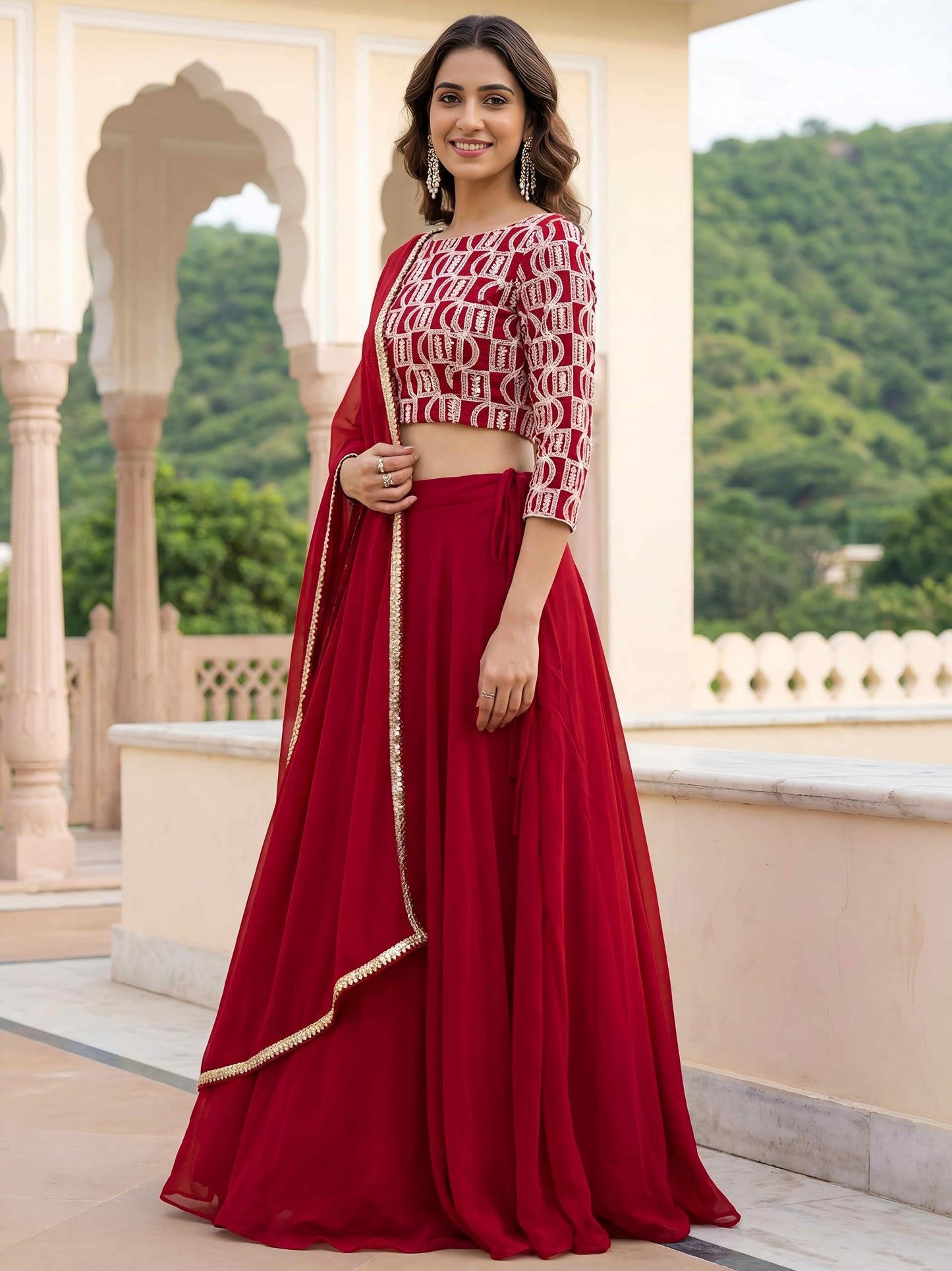 Zeel Clothing Women's Chikankari Sequins Embroidered Georgette Lehenga Choli with Dupatta (5050-Red-Women-New-Lehenga-Choli; Free Size)