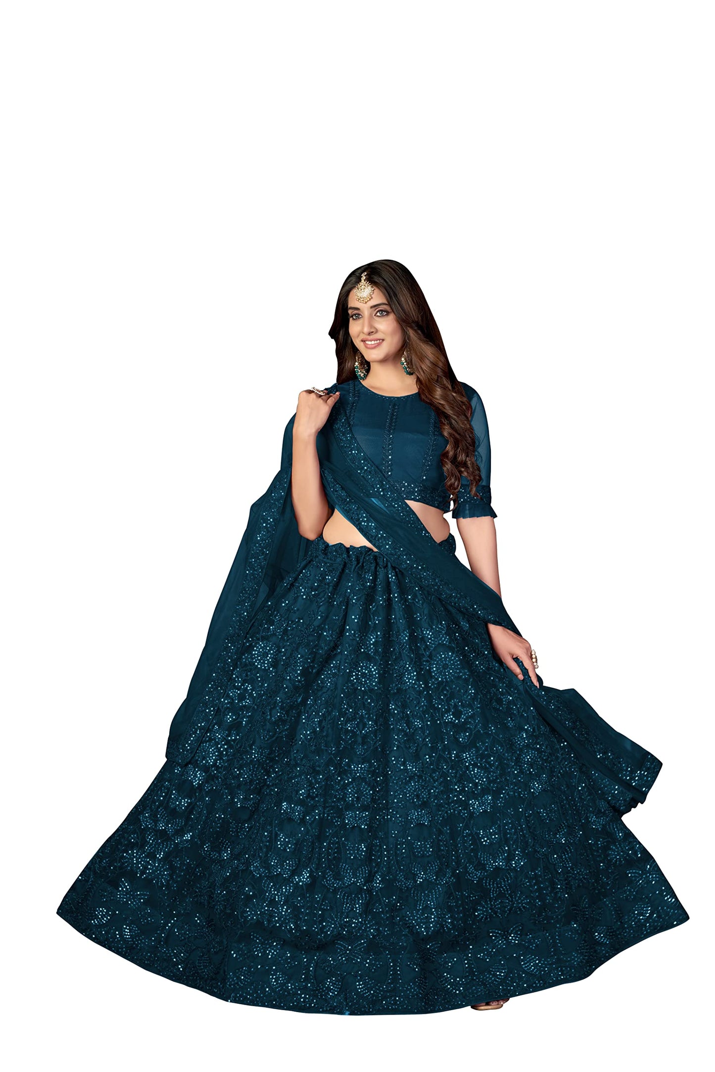 Varni Fabrics Lehenga set for Women Net Multi Embroidered Sequence Thread Work Semi Stitched Lehenga for Women Wedding Ethnic Traditional Party Lehenga Choli with Dupatta| turquoise blue |Free Size