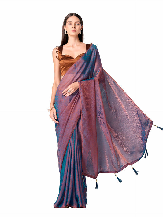 Womanista Women's Two tone blue and bronze colored woven saree with tassles on pallu(TI7142A_Blue_Onesize)