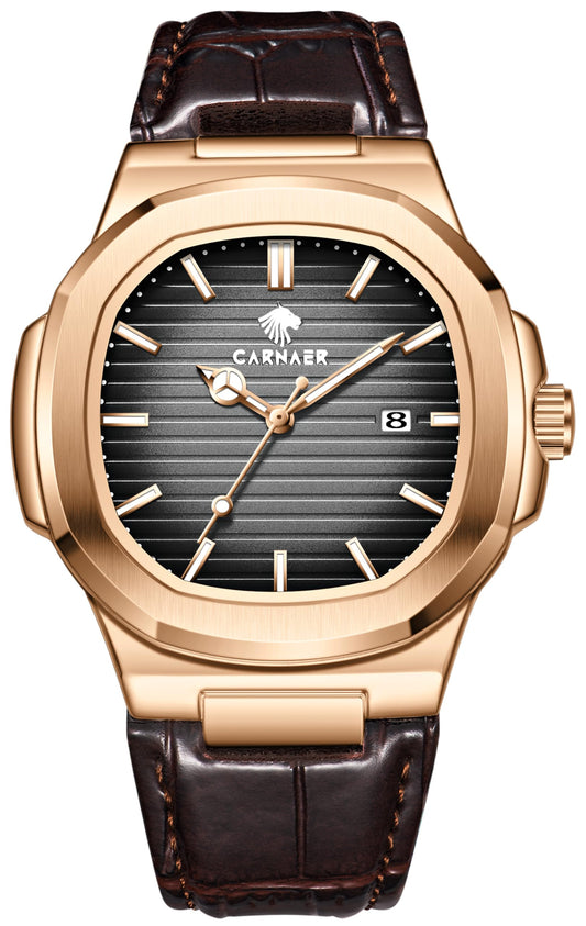 CARNAER Men Octagonal Rose Gold Luxury Watch for Boy Black Striped Dial, Date Display, Luminous Markers, 30M Waterproof, Leather Strap, Quartz Movement (Black)