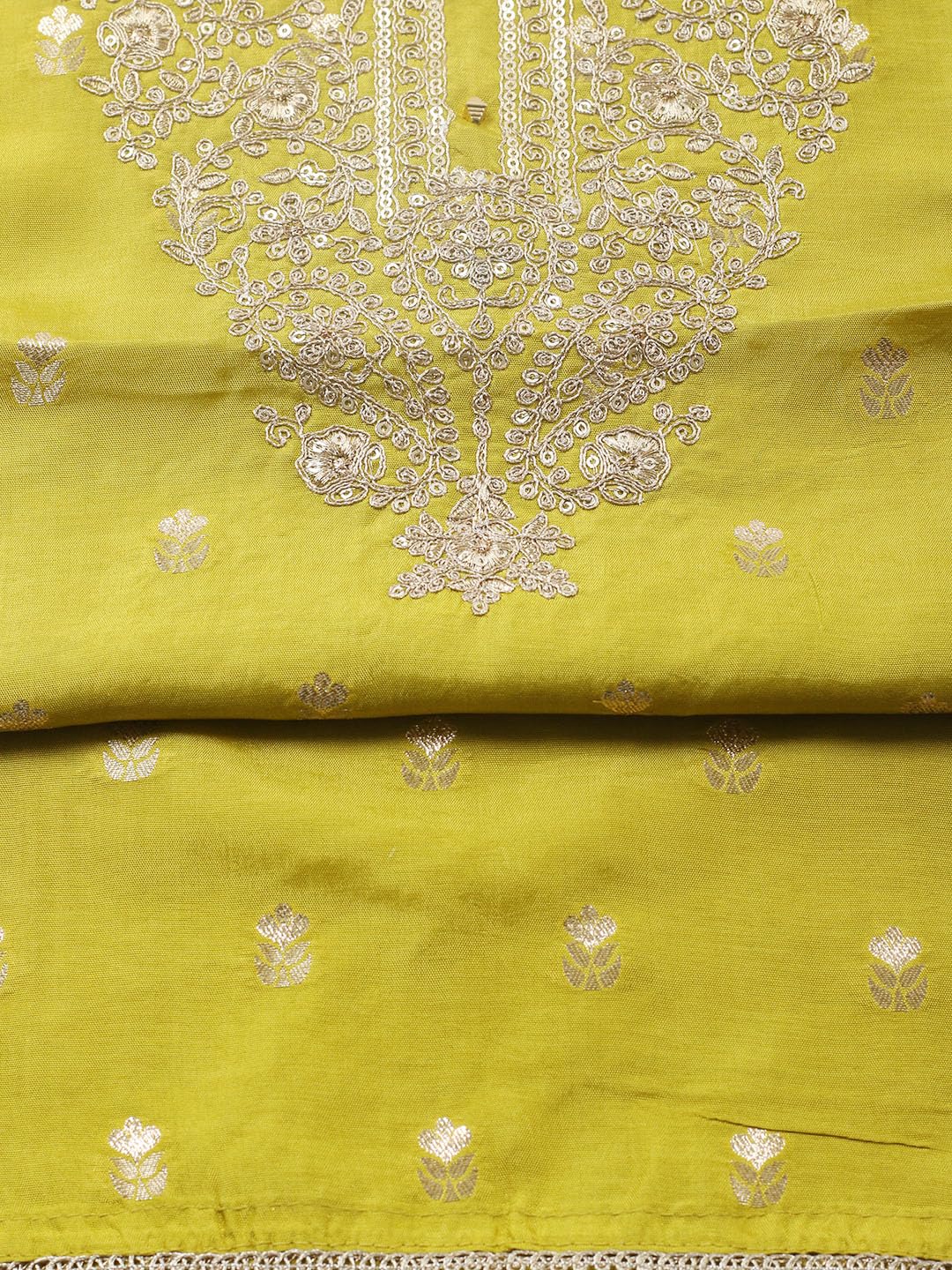 Meena Bazaar Green Embroidered Chanderi Unstitched Suit With Pant & Dupatta
