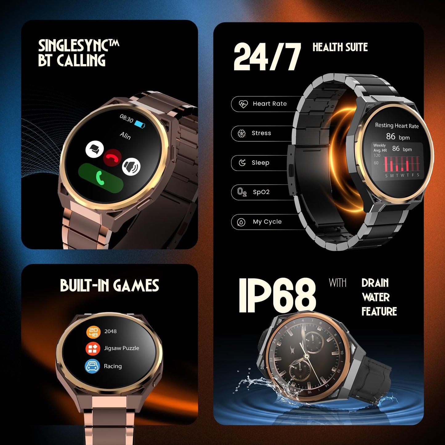 Fastrack Marvellous FX3 Smartwatch with 1.43” AMOLED Display, Metal Case & Strap, Slim 10.4mm Design, AI Watchfaces, BT Calling, HRM, SpO2 & Sleep Tracking, IP68, Additional Silicone Strap - Black