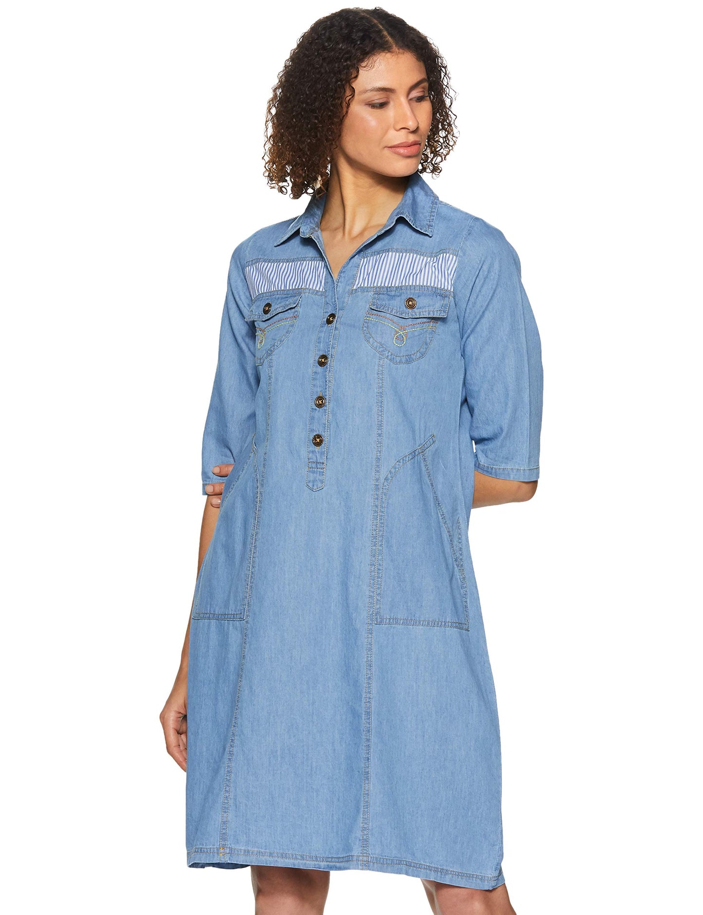 pluss Women's Georgette a-line Knee-Long Dress (LDR4729-BATAWASH_Blue_M)