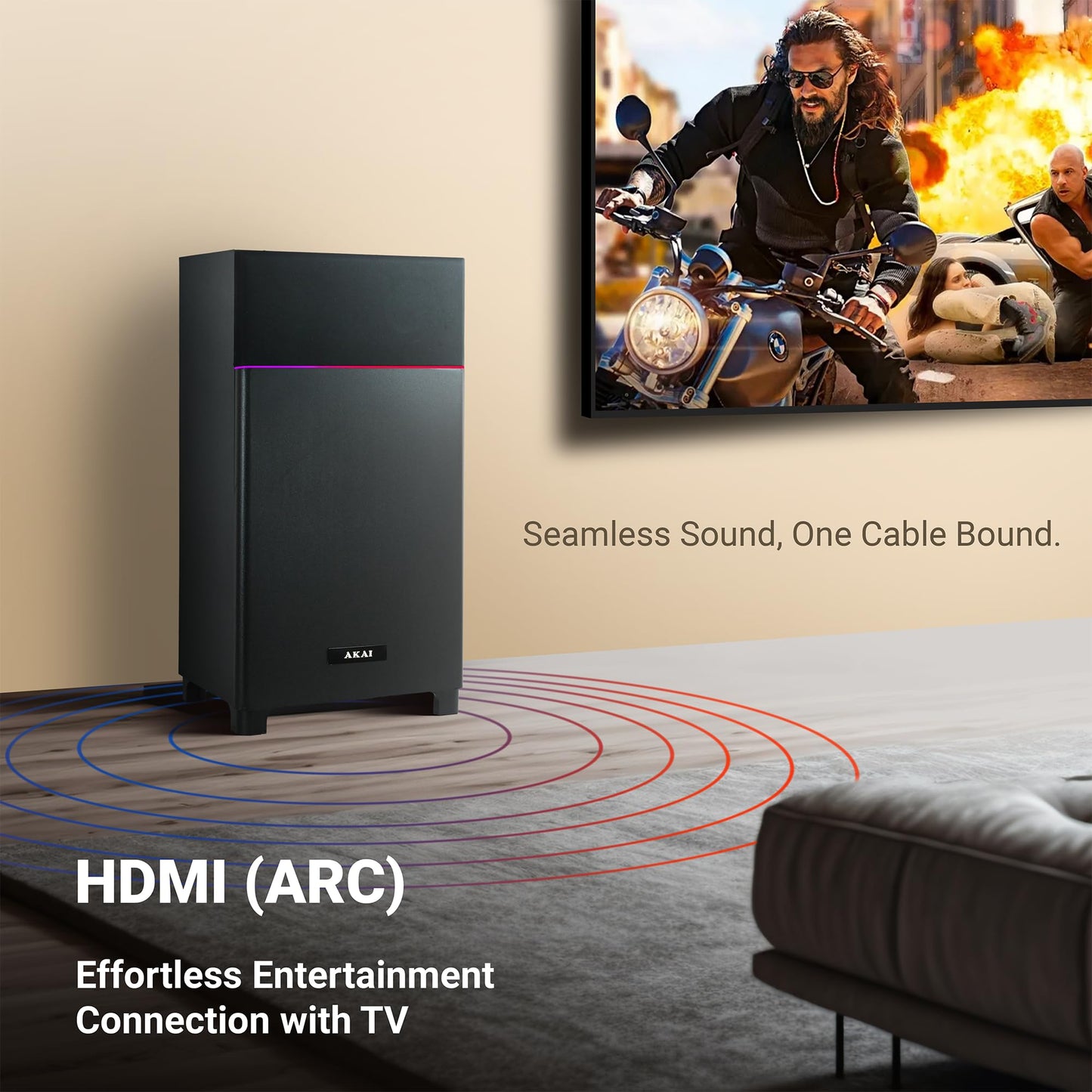 AKAI UltraBoom-80 Bluetooth Party Speaker with Mic, 80 Watts High Bass, LED Lights, Home Theater Music System, Karaoke MIC Speaker, HDMI (ARC), AUX, USB, FM, Remote, Surround Sound for TV & Events