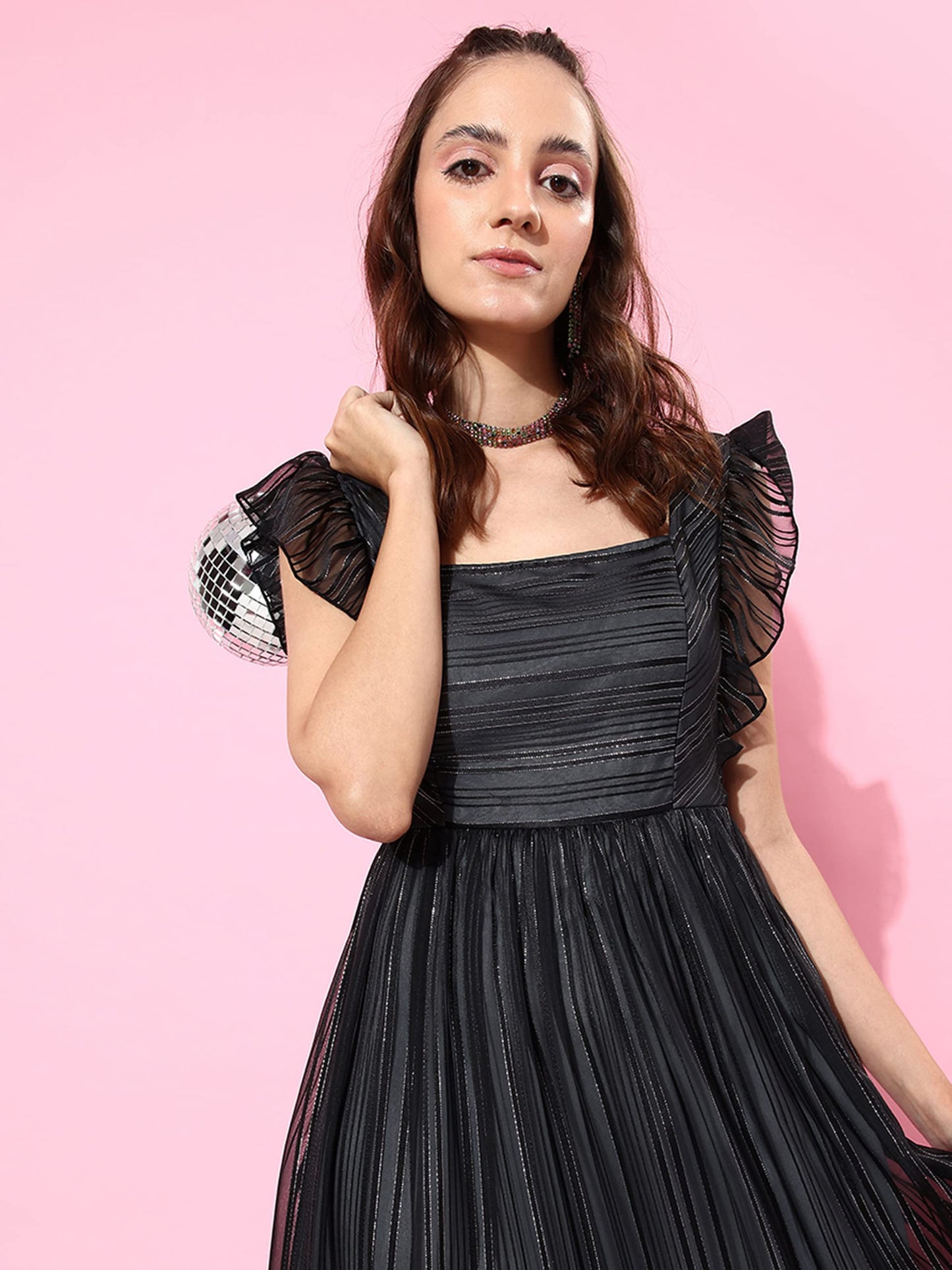 Miss Chase Women's Black Square Neck Layered Ruffles Sleeve Floral Patterned Tiered Georgette Maxi Dress (MCAW22D16-27-62-06, Black, XL)