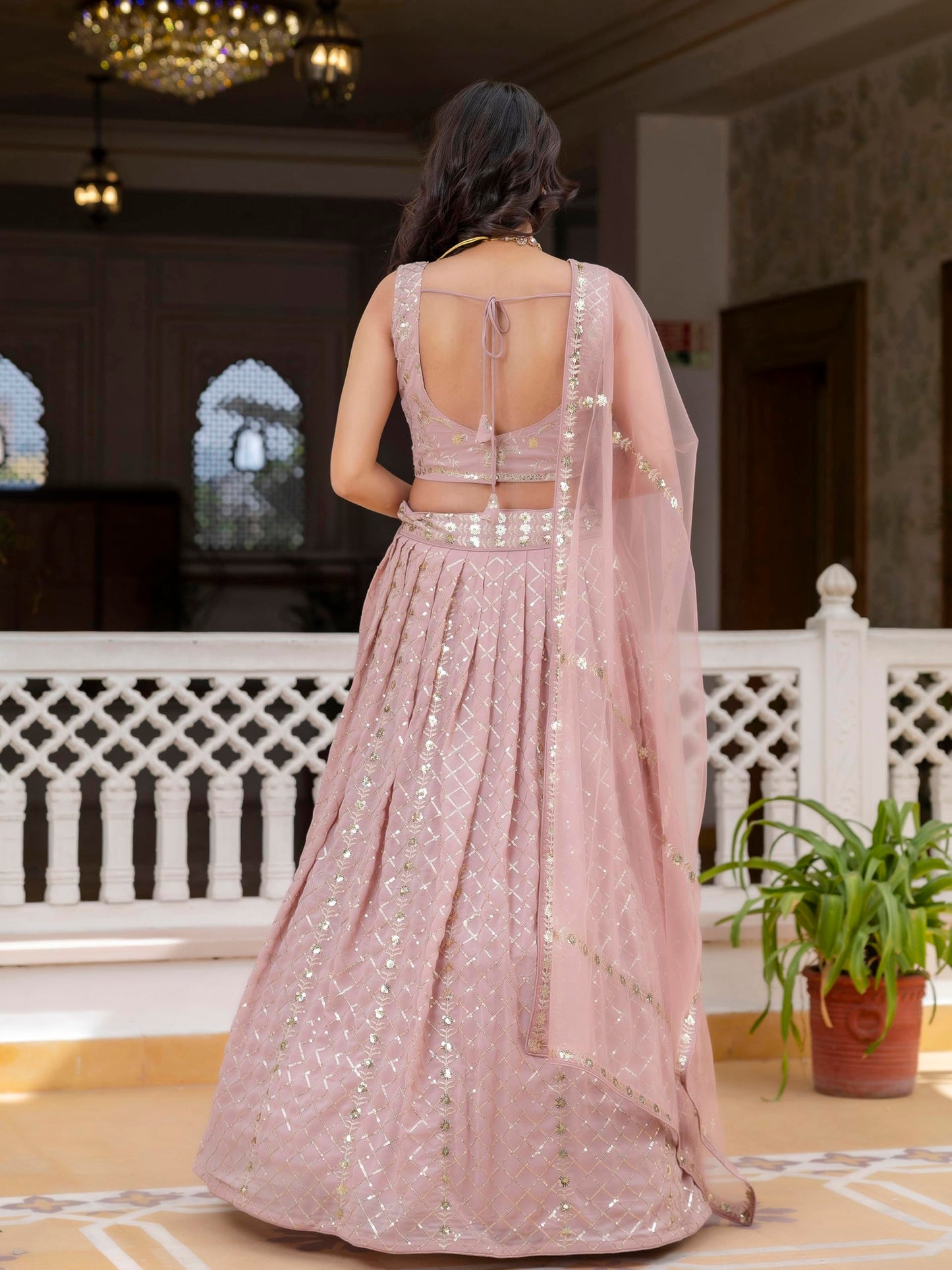TRENDMALLS Women's Georgette Sequin Embroidery Work Lehenga Choli with Dupatta For Women (L300-LightPink-Semi-Stitch)