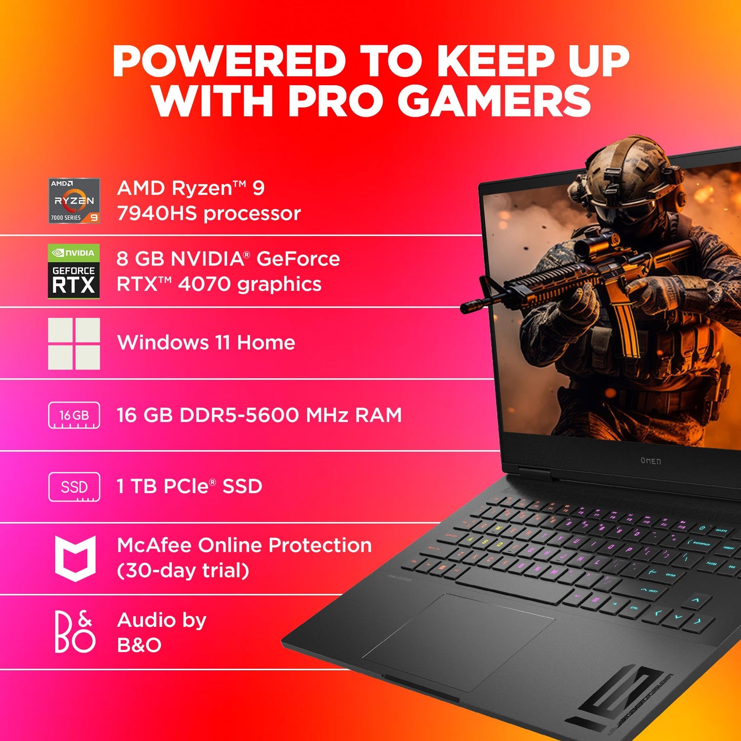 HP Smartchoice Omen, AMD Ryzen 9 7940HS, 8GB RTX 4070 (16GB DDR5,1TB SSD) 165Hz, IPS, 300 nits, FHD, 16.1''/40.9cm, Black, 2.38Kg, Xf0100Ax, RGB KB, B&O, Tempest Cooling, AI-Powered Gaming Laptop