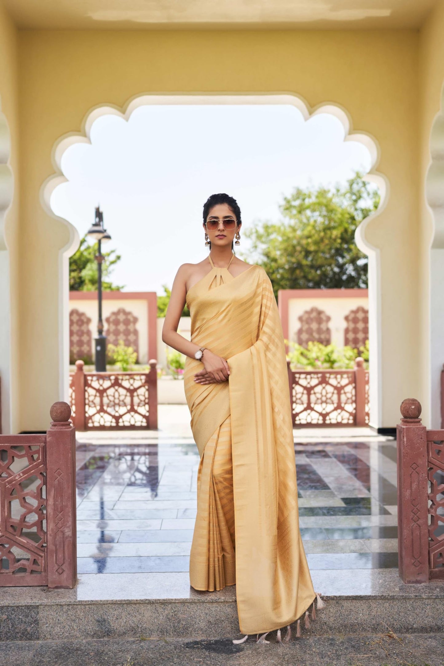 Women Banarasi Georgette Woven Work Half & Half Saree For Women With Gold Zari Border & Unstitched Blouse Piece, Vritika