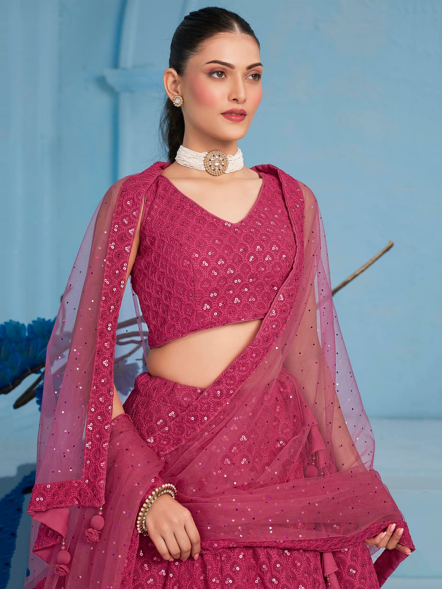 Zeel Clothing Women's Sequins Thread Embroidered Georgette Lehenga Choli With Dupatta (5124-Pink-Women-Lehenga-Choli-New; Free size) (Pink)