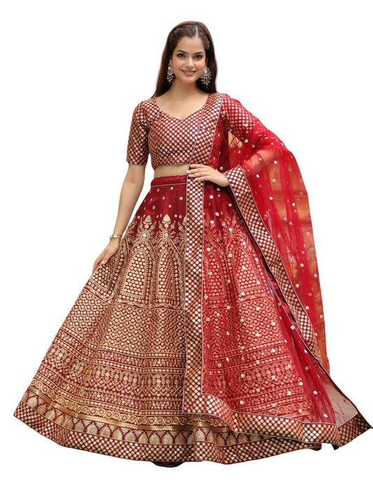 Zeel Clothing Women's Sequins, Resham Thread And Dori Embroidery Raw Silk Readymade Lehenga Choli With Dupatta (7409-Maroon-Wedding-Stylish-Lehenga-Choli-Latest; Free Size), Red