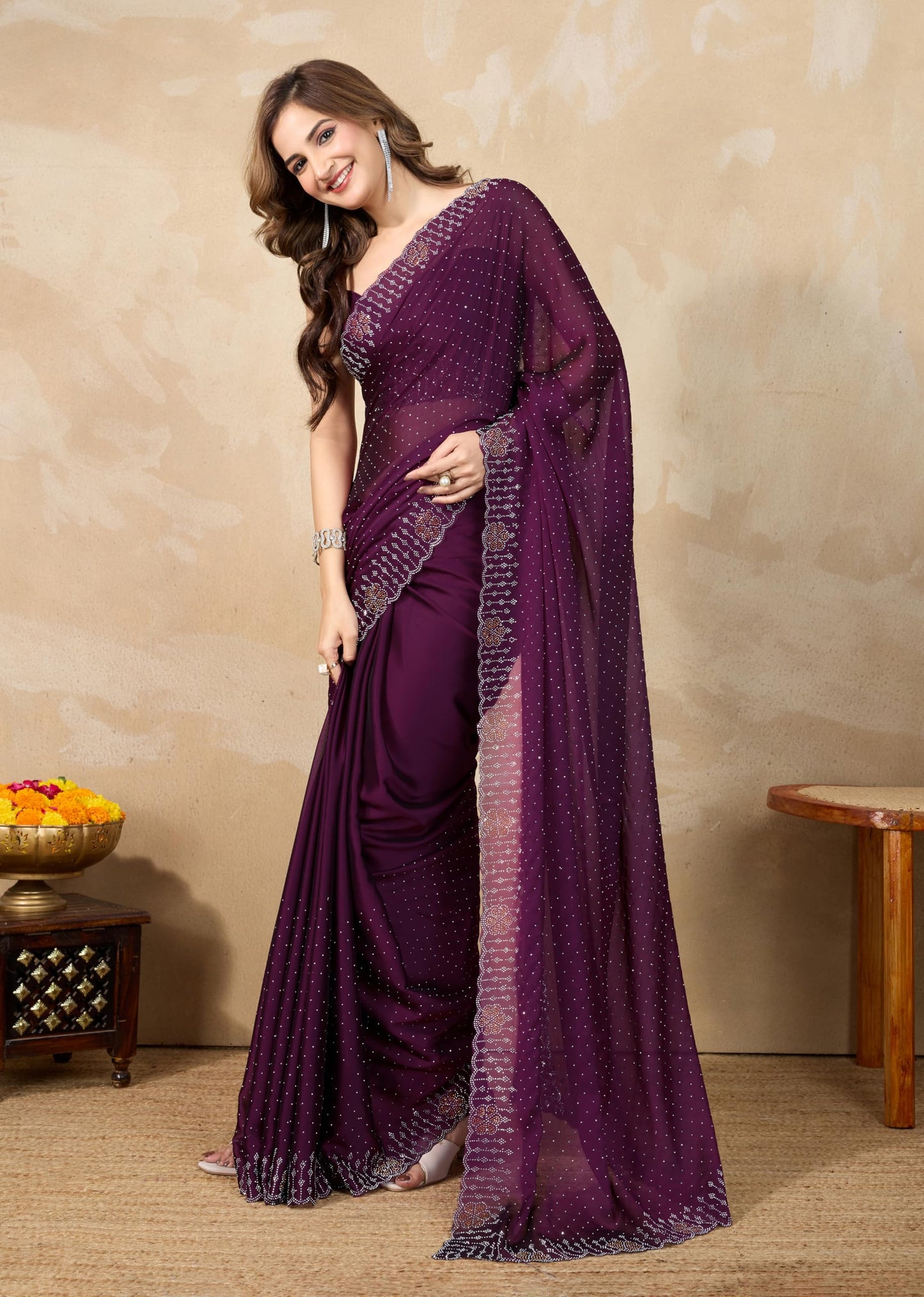TRENDMALLS Women's Silk Siroski Work Saree with Unstitch Blouse Piece (K1155-Purple)