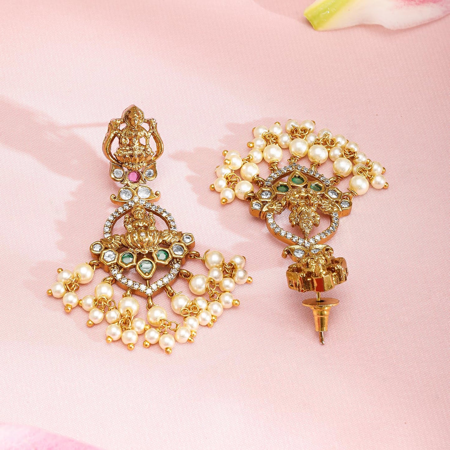Rubans 22K Gold-Plated Temple Jewellery Set with Pink & Green Stones and Pearl Detailing