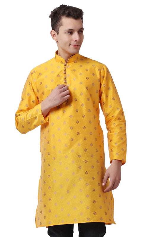 Royal Kurta Mens Cotton Silk Ethnic Loop Button Ganesh Print Kurta (42, Mustard)