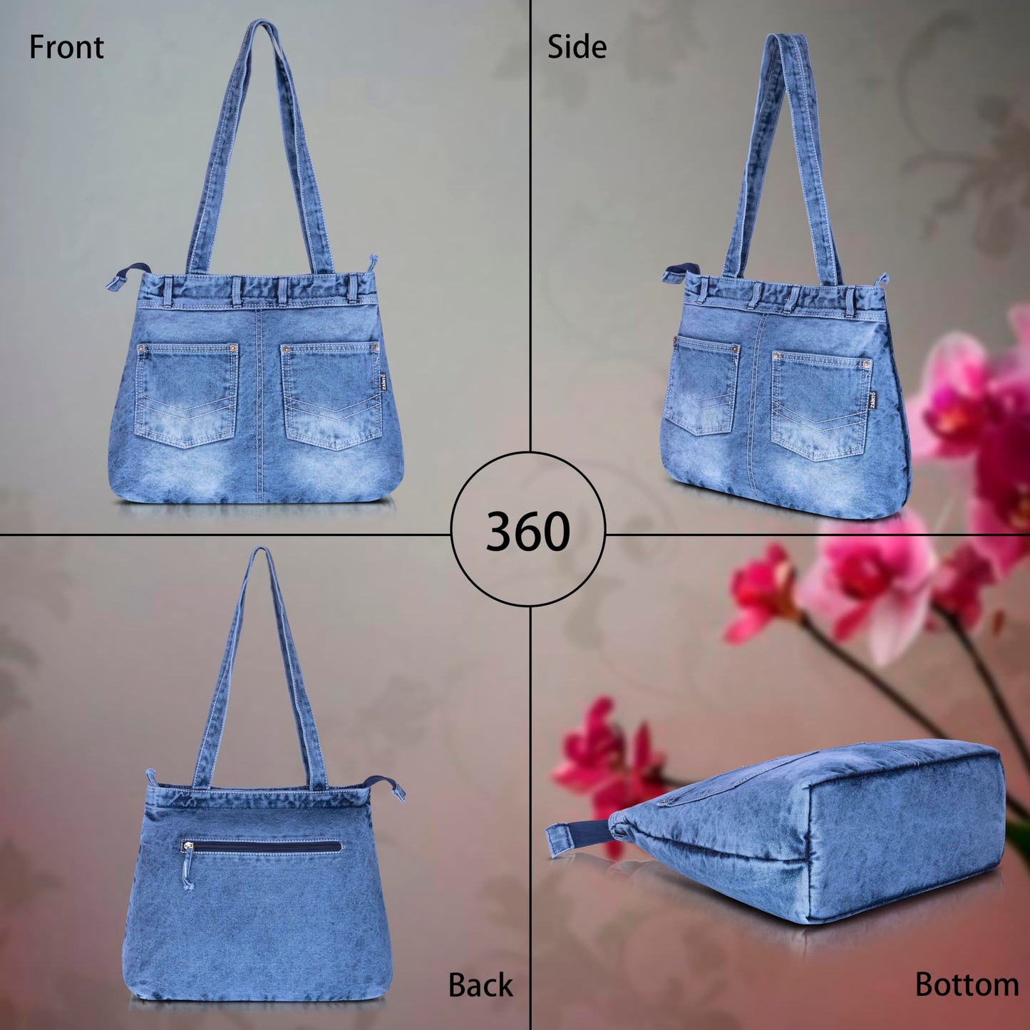 ZAINTO® Women's Denim Tote Bag with Zip Closure | Stylish, Spacious & Durable Shoulder Bag for College, Work & Travel | Eco-Friendly, (Jeans back packet style lightblue)