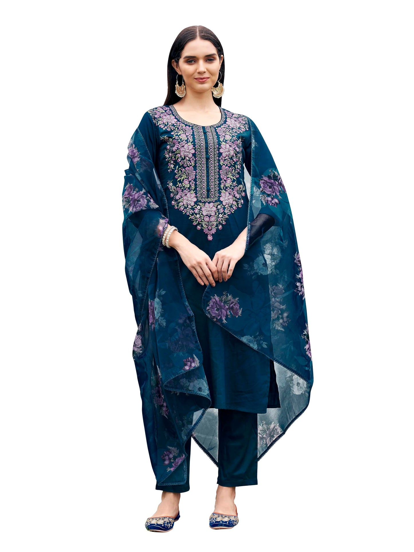 Womanista Women's Teal Blue Color Cotton Blend Multi Embroidered Kurta Set With Printed Organza Dupatta(Kurtaset_1339_L)