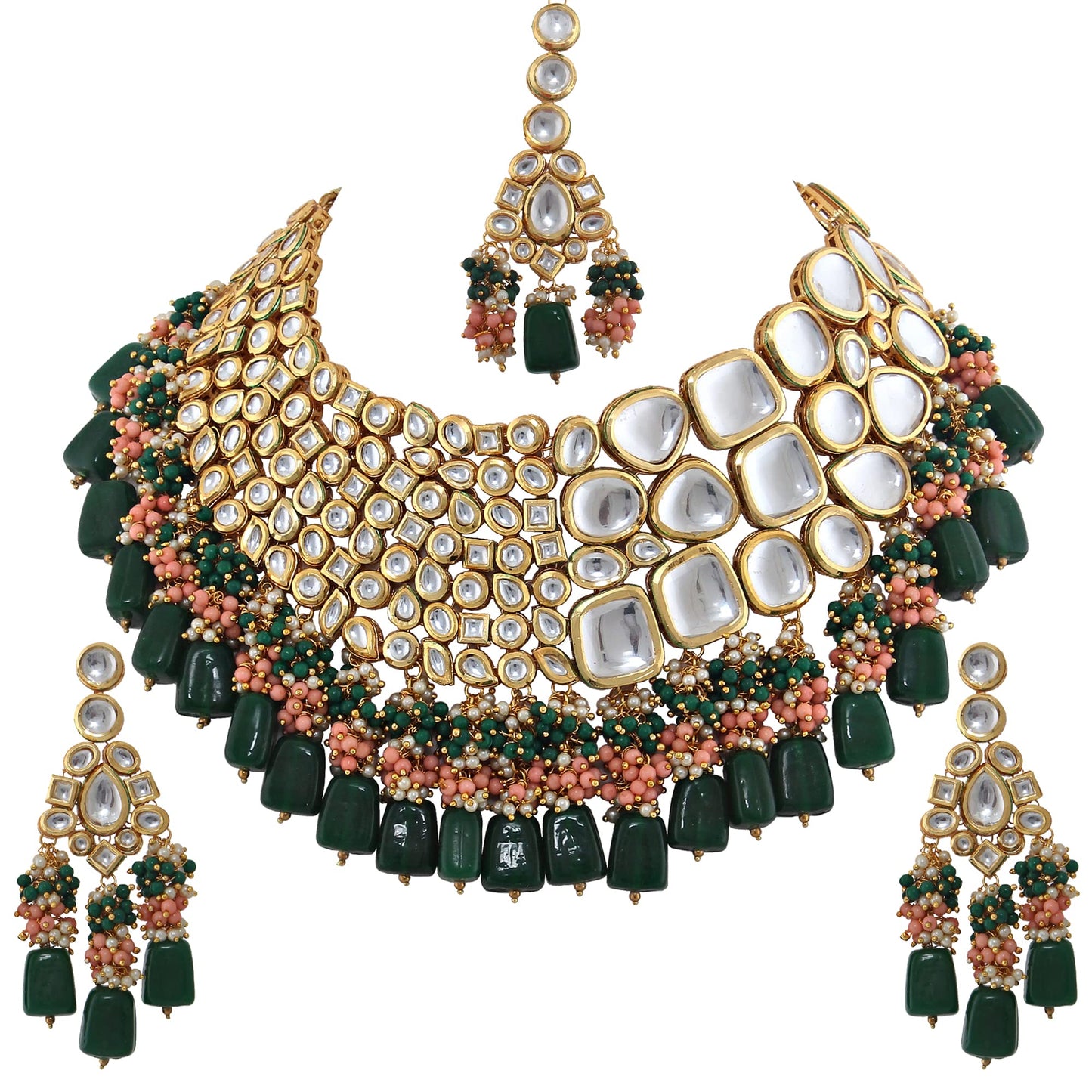 Lucky Jewellery 18K Gold Plated Multicolor Kundan Stone/Uncut Kundan/Dibbi Kundan/Meena Kundan/Lucknow Kundan with Tumble Drop Bridal Set for Girls & Women (8656-M4SK-1568-WPHG)