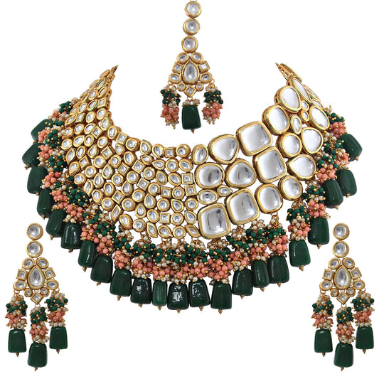 Lucky Jewellery 18K Gold Plated Multicolor Kundan Stone/Uncut Kundan/Dibbi Kundan/Meena Kundan/Lucknow Kundan with Tumble Drop Bridal Set for Girls & Women (8656-M4SK-1568-WPHG)