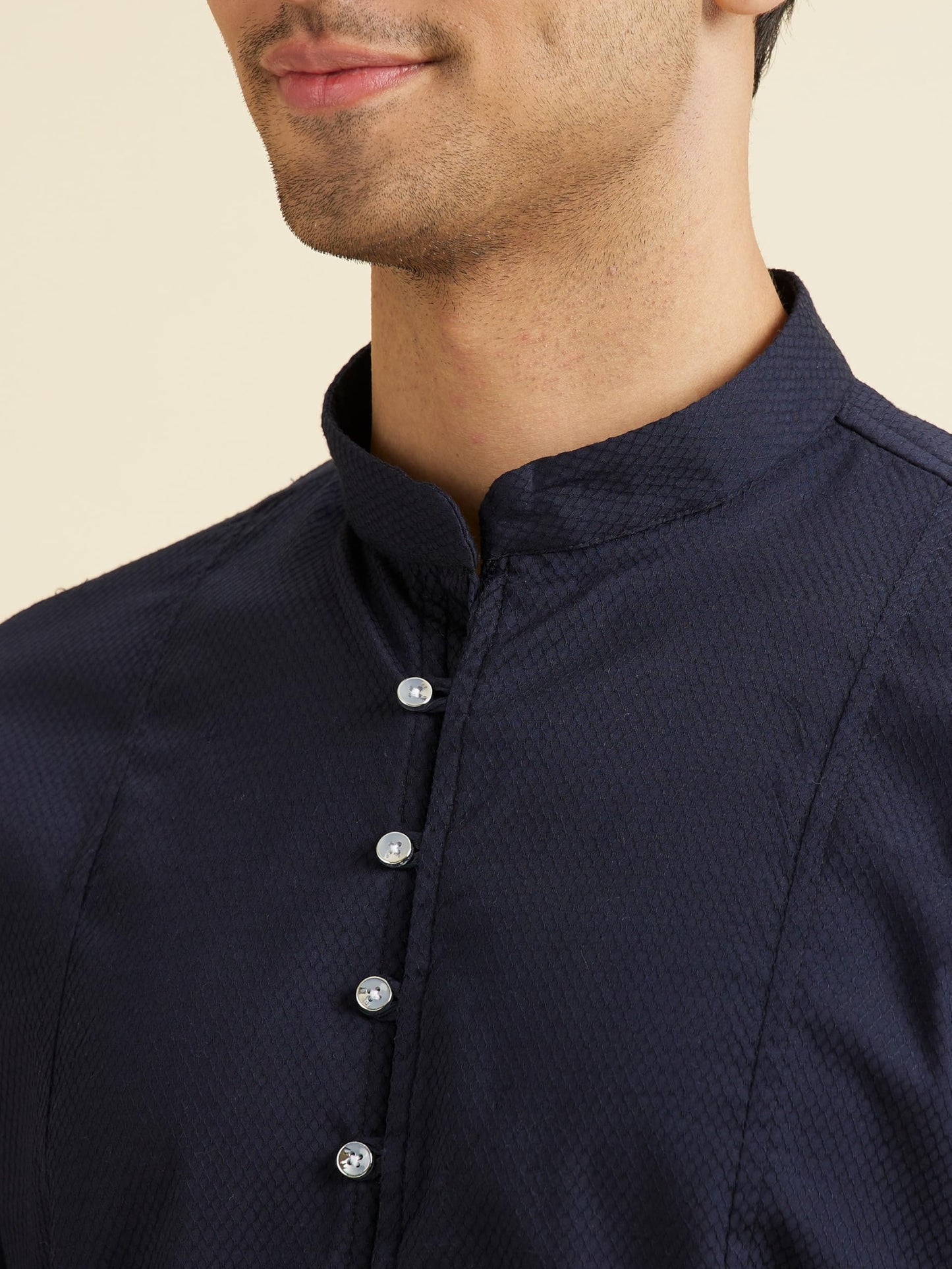 Manyavar Men's Viscose Blend Structured Short Kurta(Dark Blue,XXL)