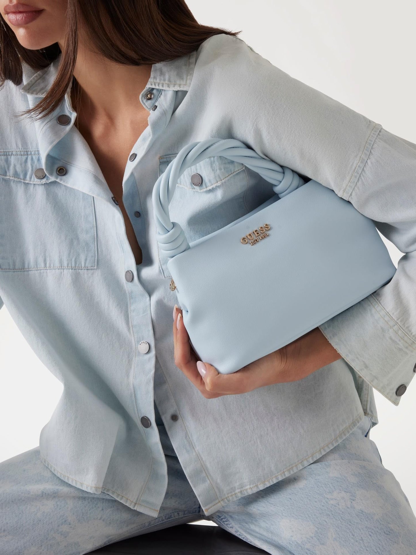 GUESS Powder Blue Solid Sansa Top Handle Crossbody Bag