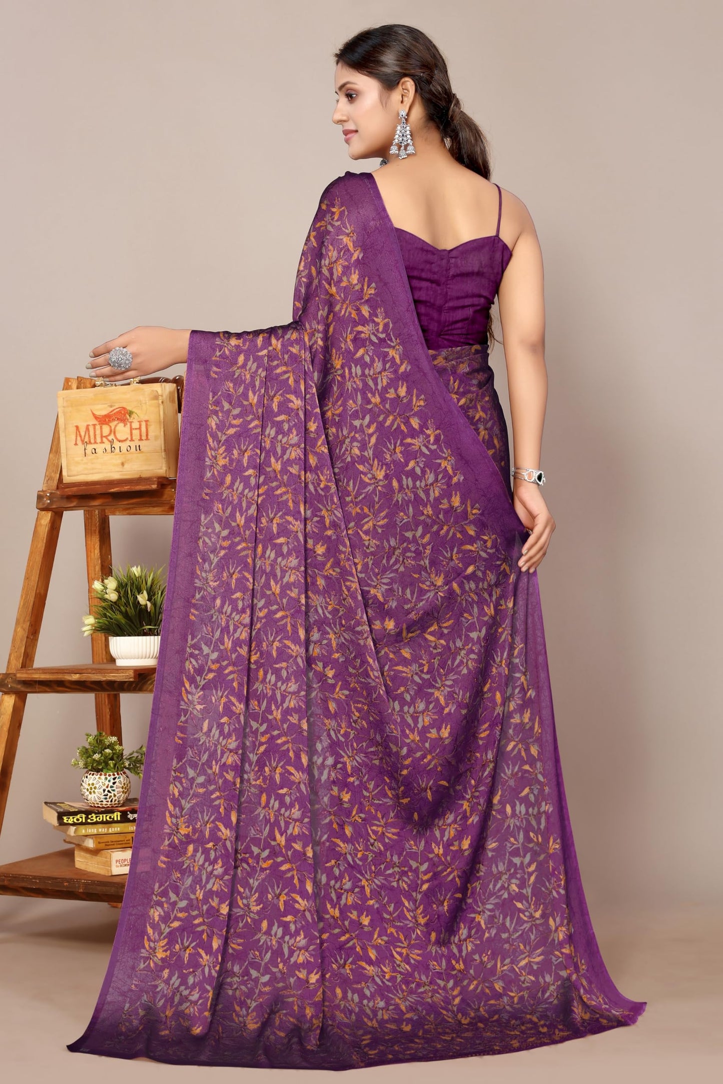 MIRCHI FASHION Women's Chiffon Floral Printed Saree with Blouse Piece (60452 - Dark Wine, Rust)