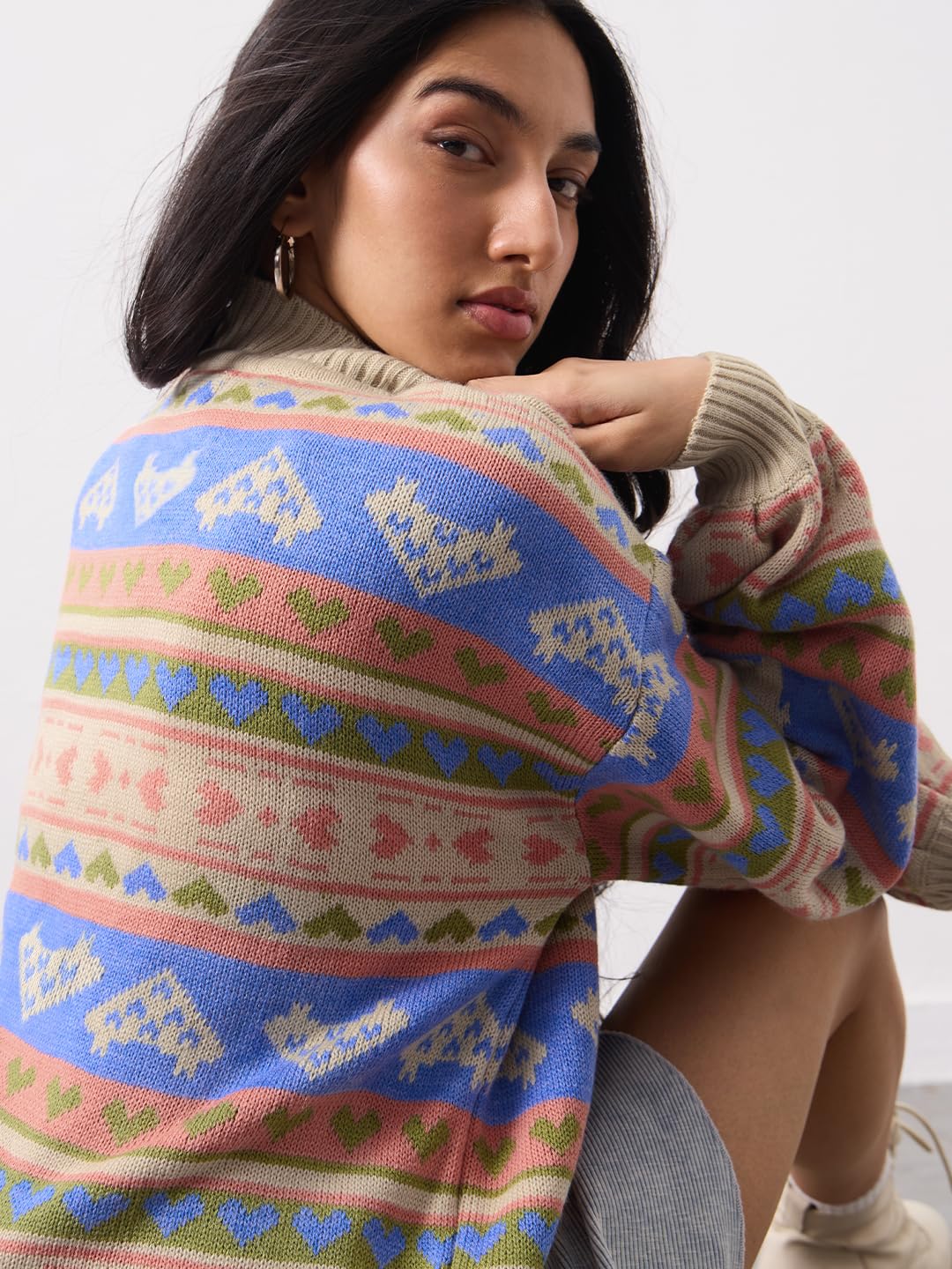 The Souled Store Knitted Sweater: Coral Clay Women and Girls Long Sleeves Mock Neck Geometric Printed Acrylic Oversized Fit Ribbed Hem Casual Winter Pullover Oversized Sweater