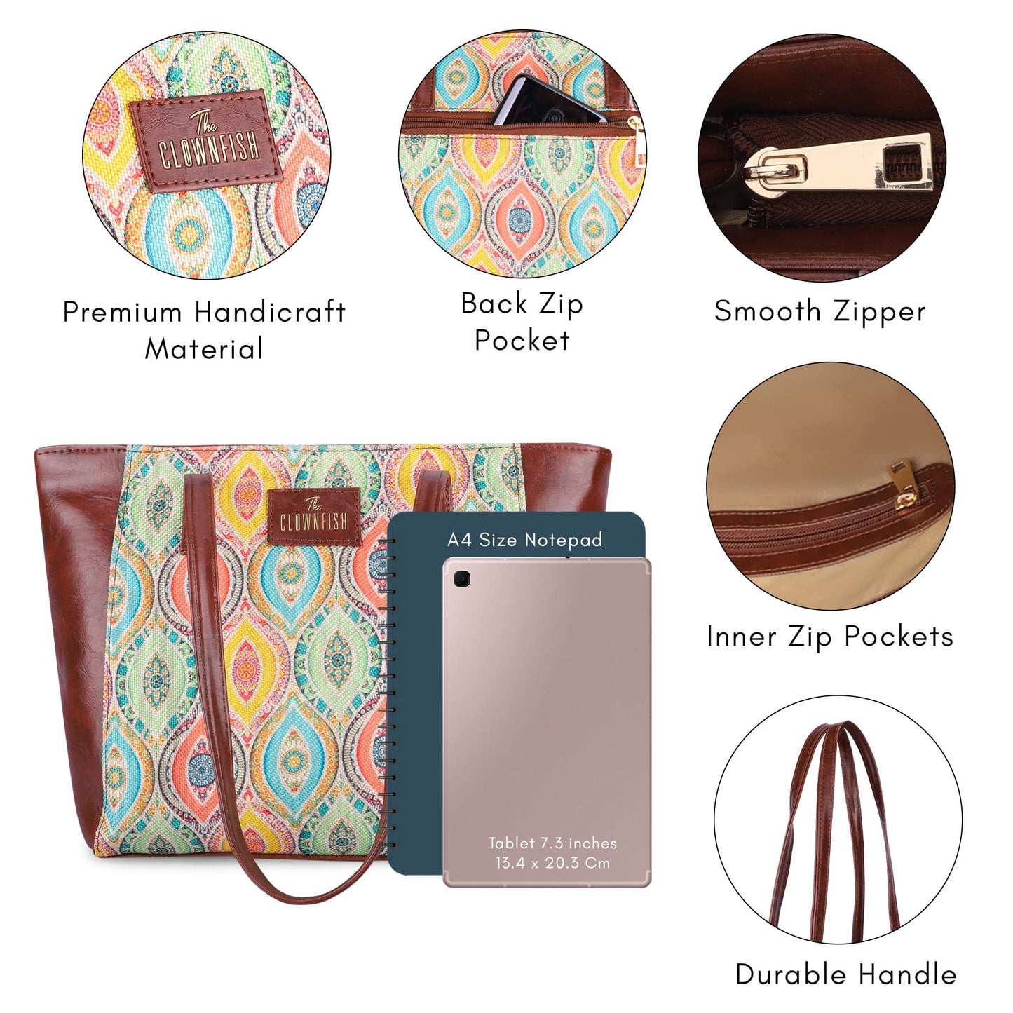 THE CLOWNFISH Valentine Printed Handicraft Fabric & Faux Leather Handbag for Women Office Bag Ladies Shoulder Bag Tote for Women College Girls (Multicolour Design)