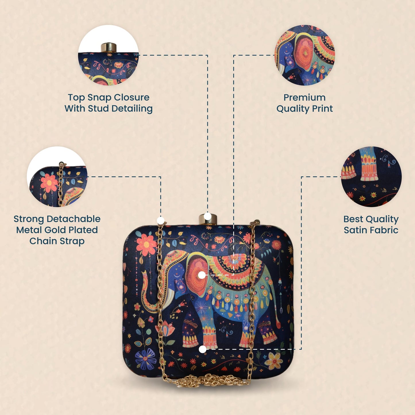 Artklim Women’s Elephant Printed Clutch Bag | Ladies Evening Clutch Purse for Casual Outings, Party Bridal and Wedding Use | Stylish Ethnic Handbag with Detachable Chain Strap (Multicolor)