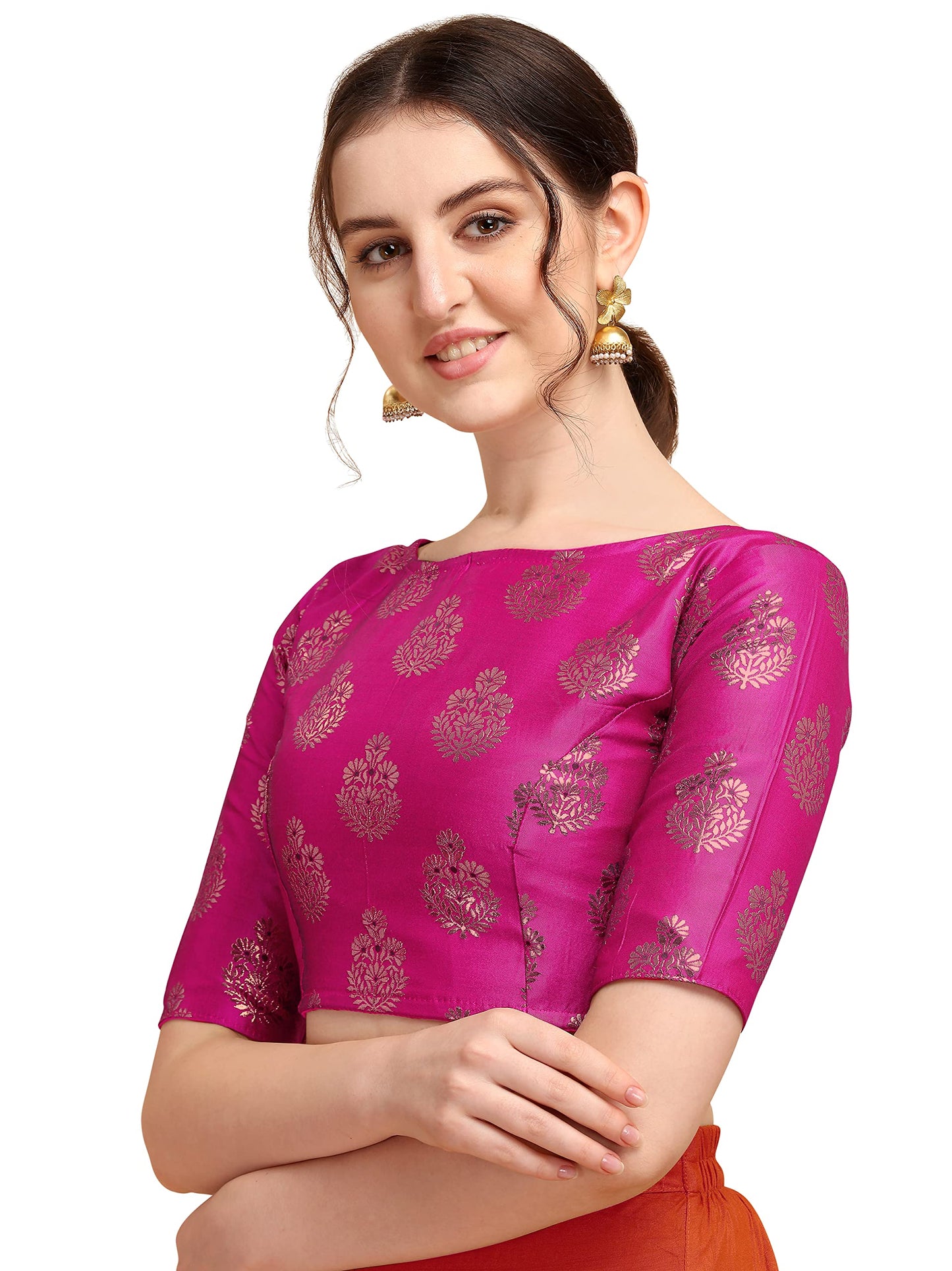 OOMPH! Women's Indian Ethnic Wear Designer Floral Pattern Zari Work Boat Neck Half Sleeve Readymade Non - Padded Blouse for Saree and Lehnga and Palazzos or Skirts for a Fusion Twist.