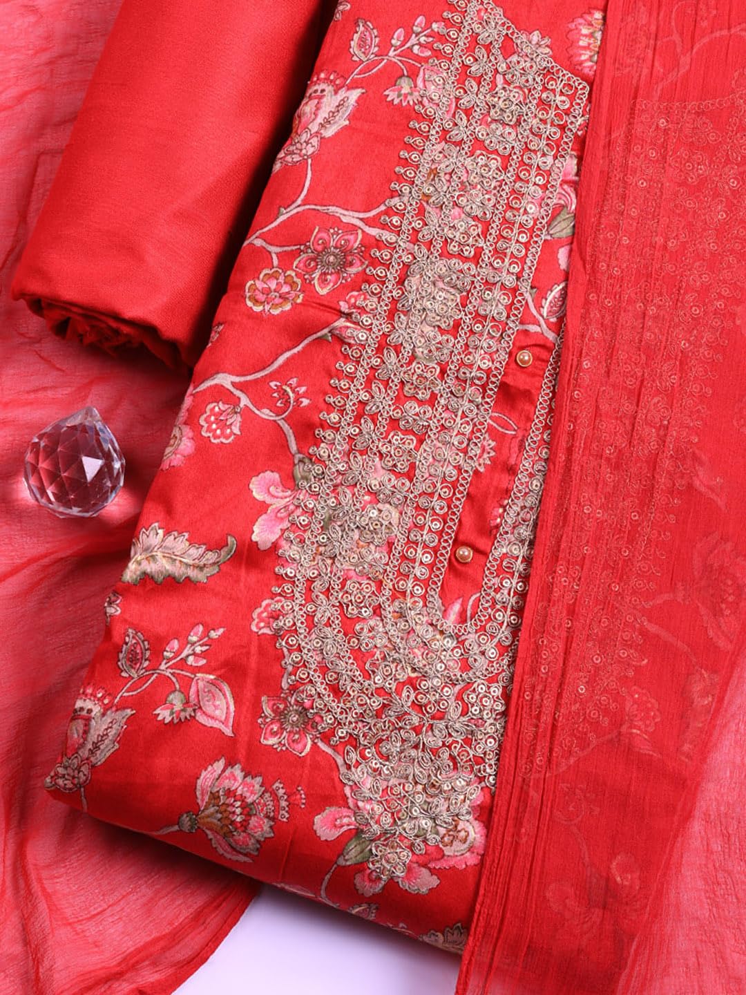 Meena Bazaar Printed Cotton Unstitched Kurta with Bottom & Dupatta