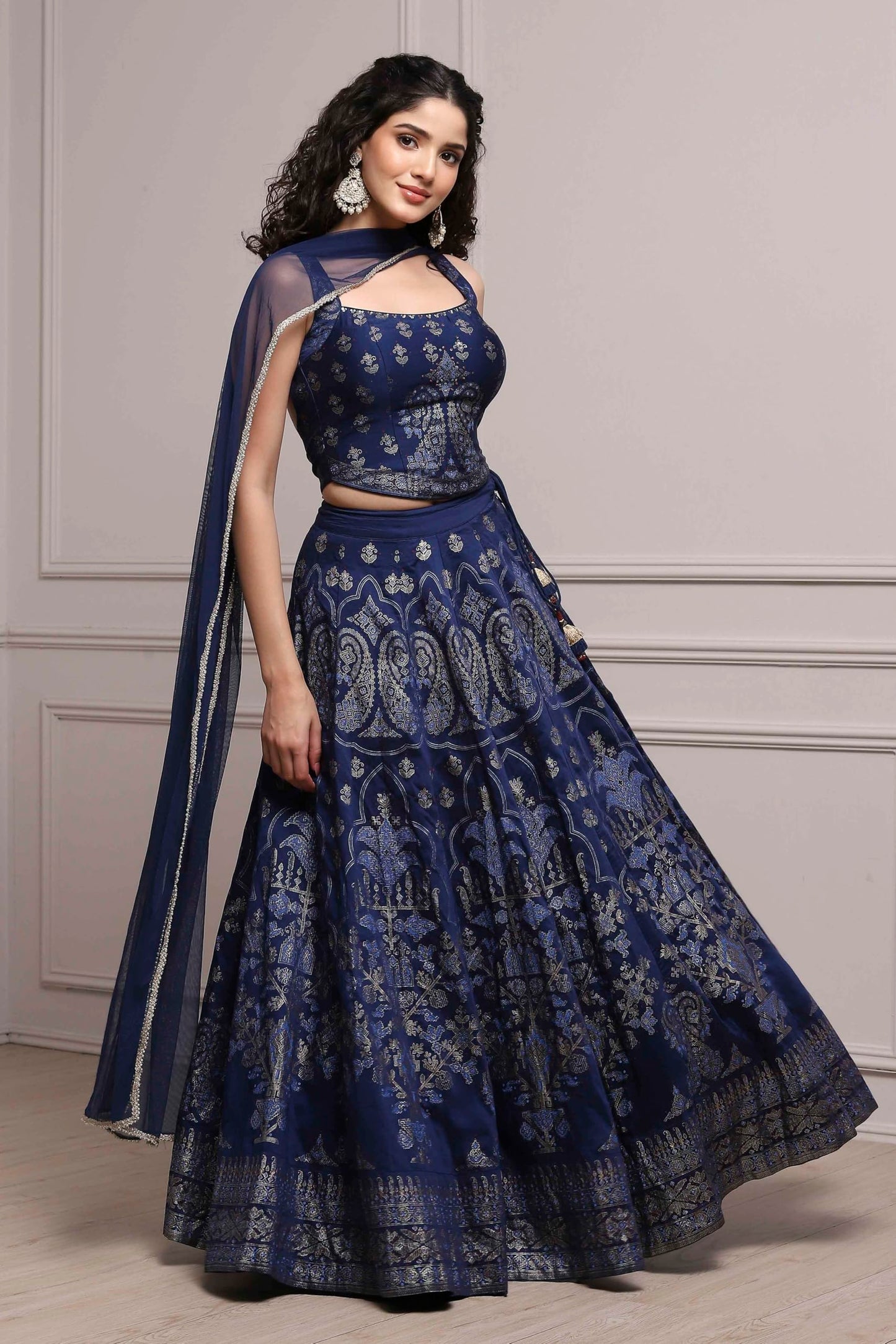 Biba Women Blue Fitted Printed Lightweight Lehenga Set_32