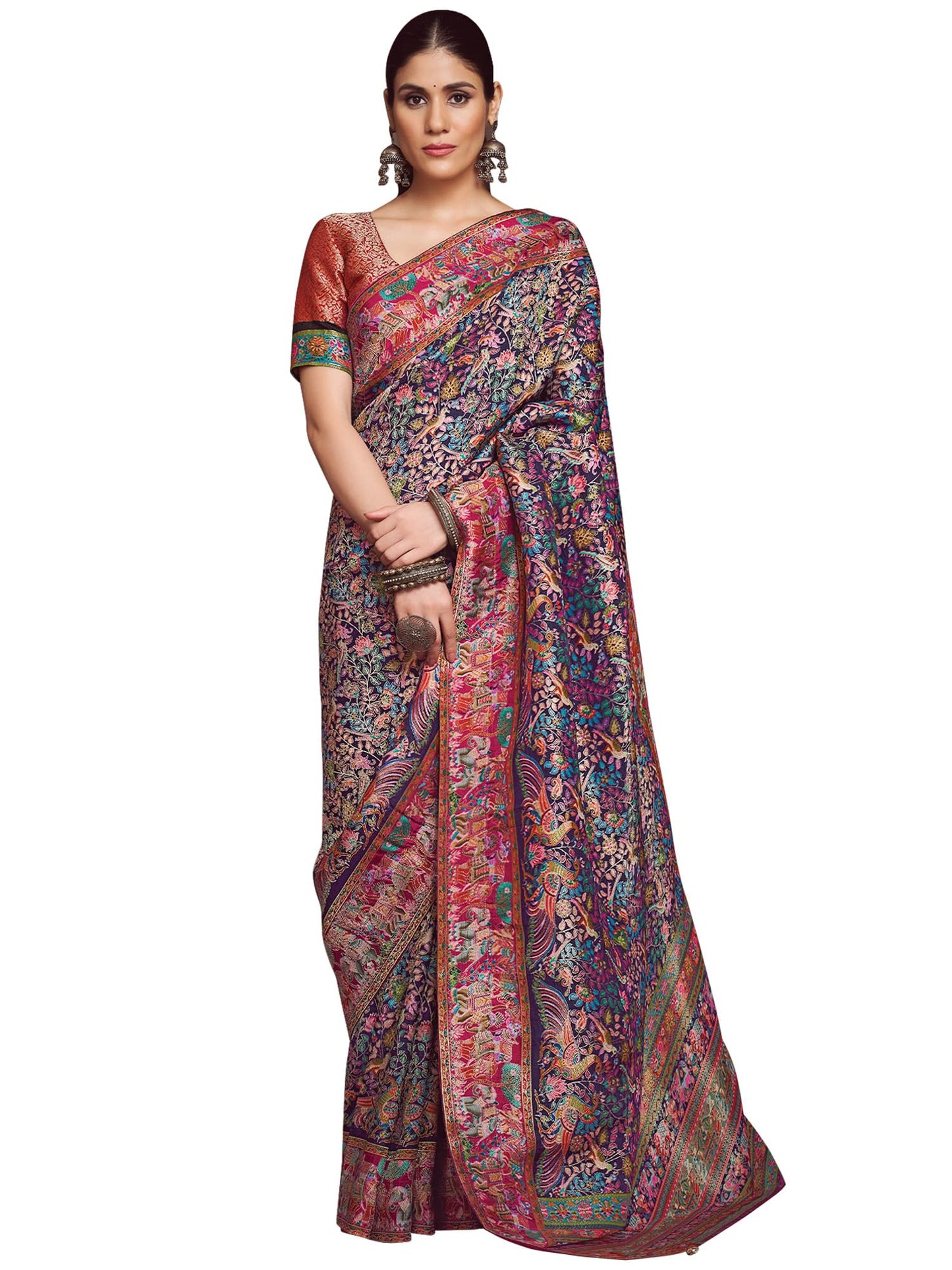 AKHILAM Women's Navy Blue Viscose Silk Ethnic Motif Printed Saree With Unstitched Blouse Piece (MSTANI78B_HS)