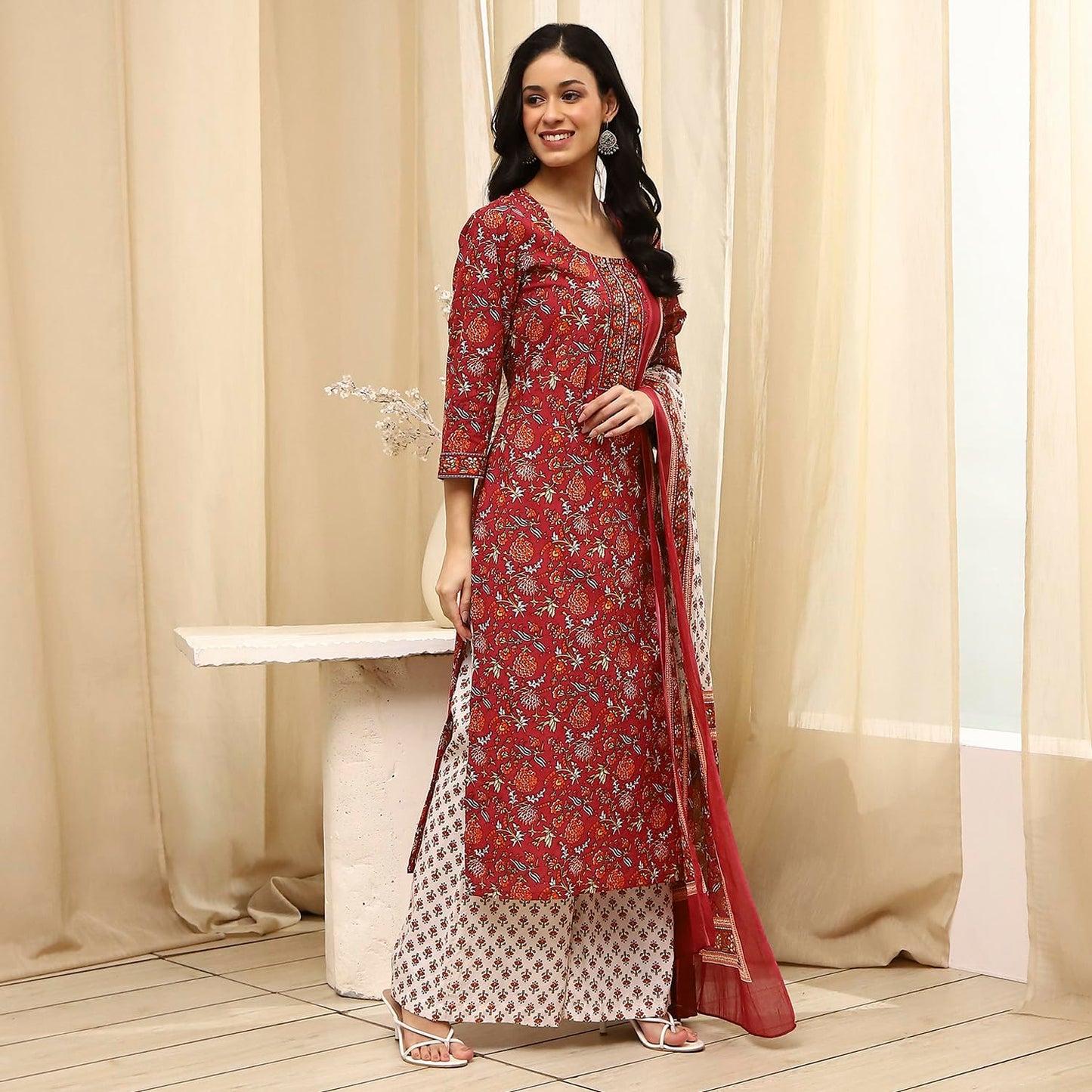 BIBA Women Brown Cotton Screen Print Unstitched Suit Set_FREE SIZE