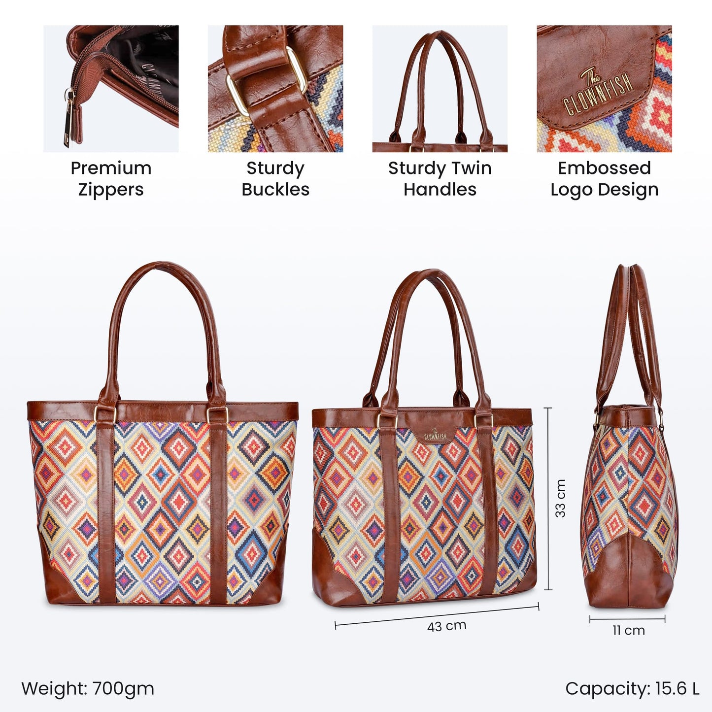 THE CLOWNFISH Miranda Series 15.6 inch Laptop Bag For Women Printed Handicraft Fabric & Faux Leather Office Bag Briefcase Hand Messenger bag Tote Shoulder Bag (Multicolour-Diamond)