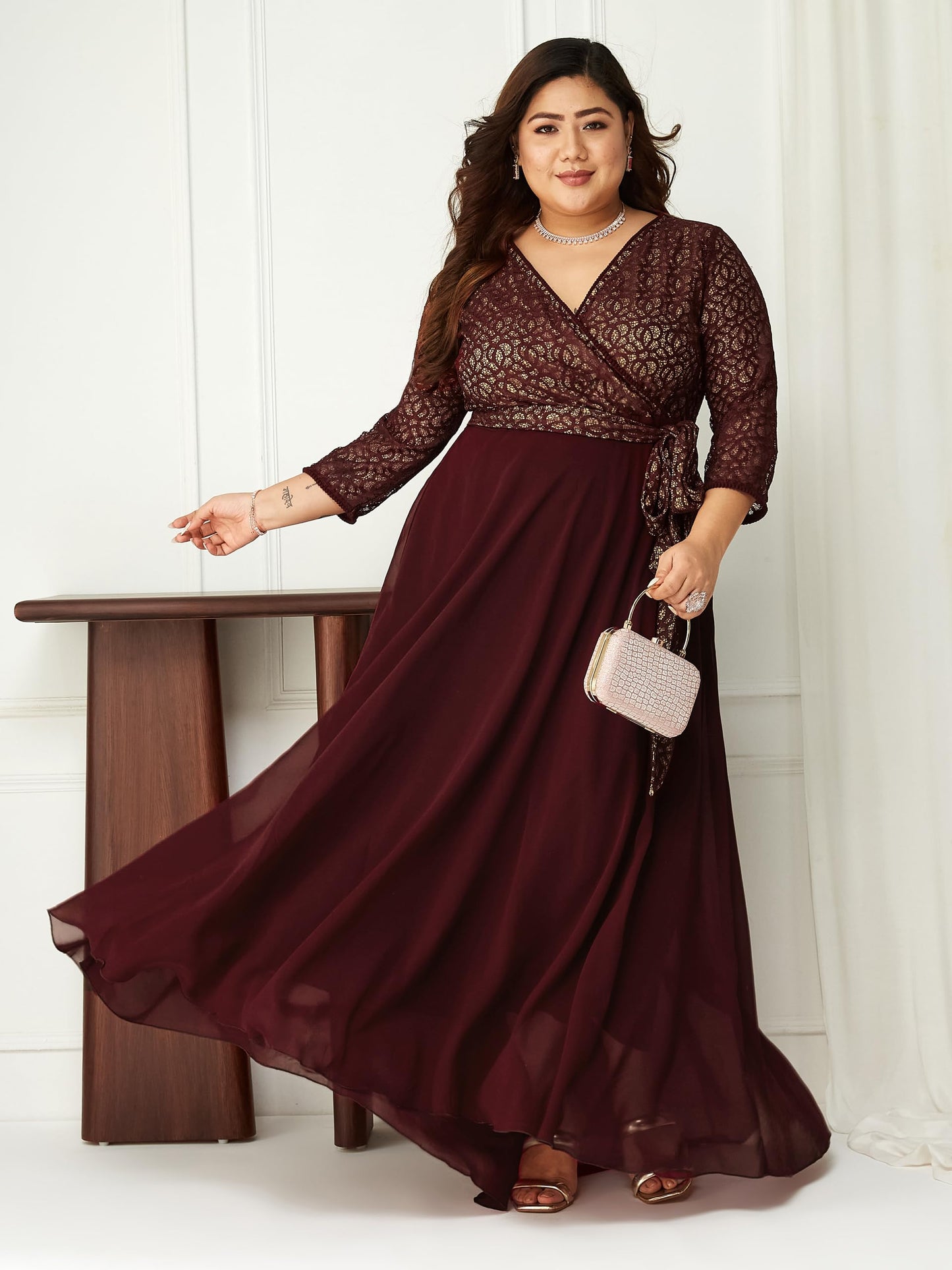 Miss Chase A+ Women's V-Neck 3/4 Sleeve Floral Wrap Maxi Dress (APSS21D14-67-758-08, Mulberry Wine, 3XL)