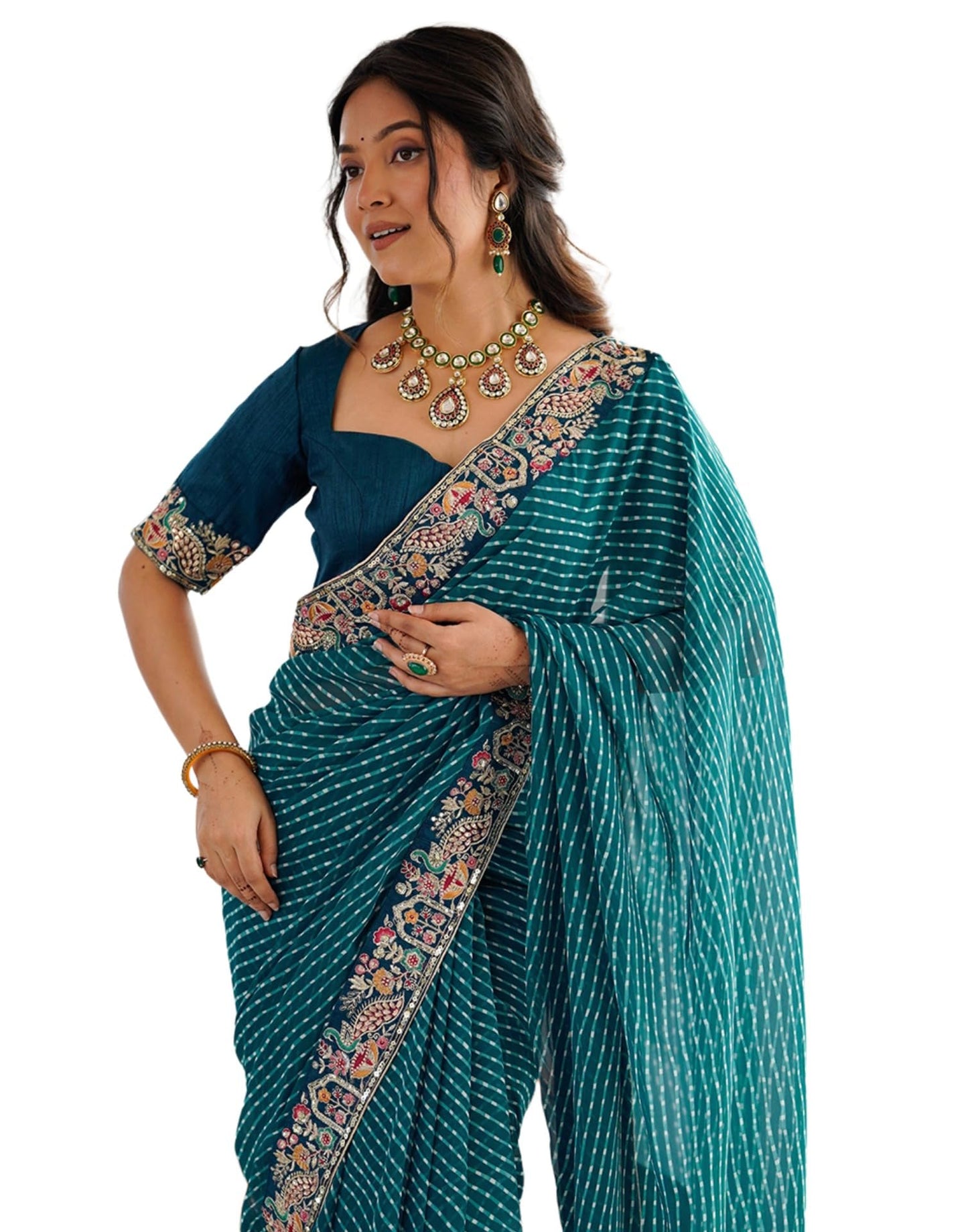 SIRIL Women's Georgette Leheriya Printed Sequence Embroidery Lace Saree With Embroidery Unstitched Blouse Piece (4863S194_Teal Blue)