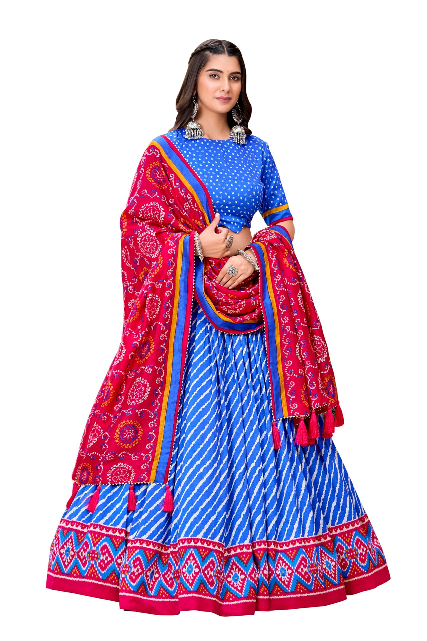 LooknBook Art Women's Leheriya Printed Silk Unstitched Lehenga Choli With Dupatta, Royal Blue