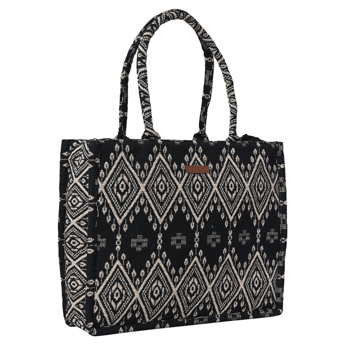 ENSAC Cotton Jacquard Tote Bag for Women, Stylish Handbag for women with Zip Closure | Fit for Office Bag, College, Travel Use | Handcrafted in India