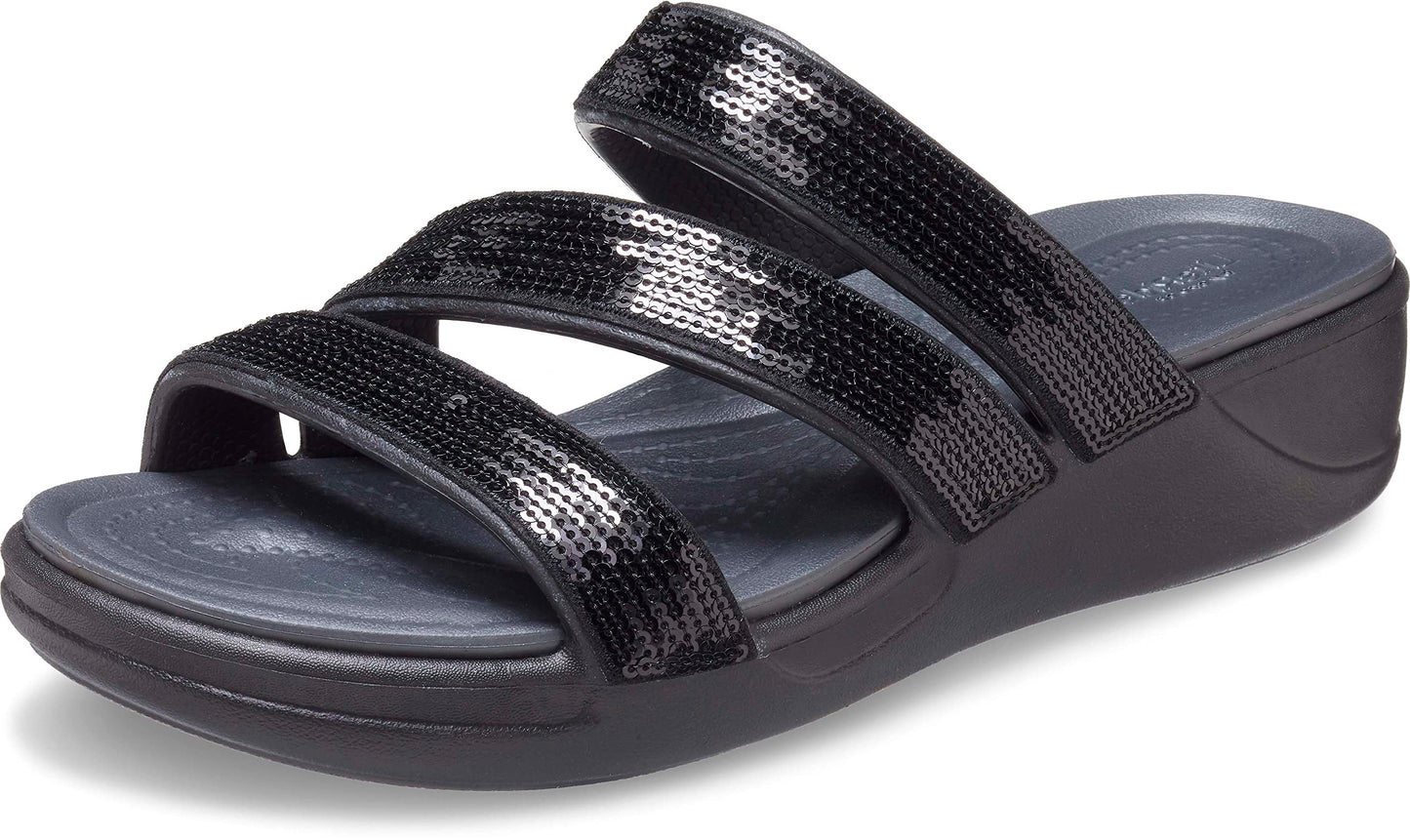 crocs womens Boca Sequin Strappy Wedge Black Sandal - 2 UK (W4) (207645-001)