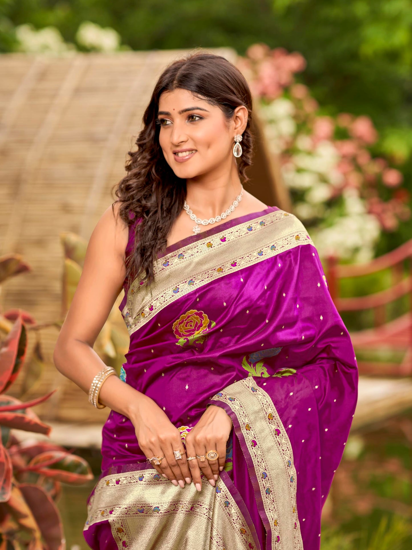 MANOHARI Women's Most Trendy Banarasi Satin Silk Woven Magenta Colorful Flower Pattern Saree With Heavy Jacquard Work Saree With Blouse Piece_MN2035